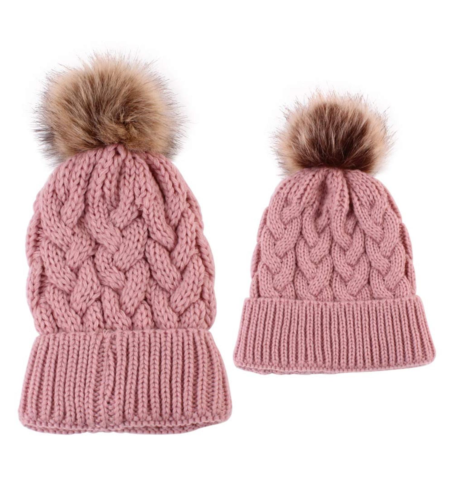 2PCS Family Matching Winter Knit Hats - Mother & Baby Ski Cap Set in Pink - Buy Online on GoSupps.com