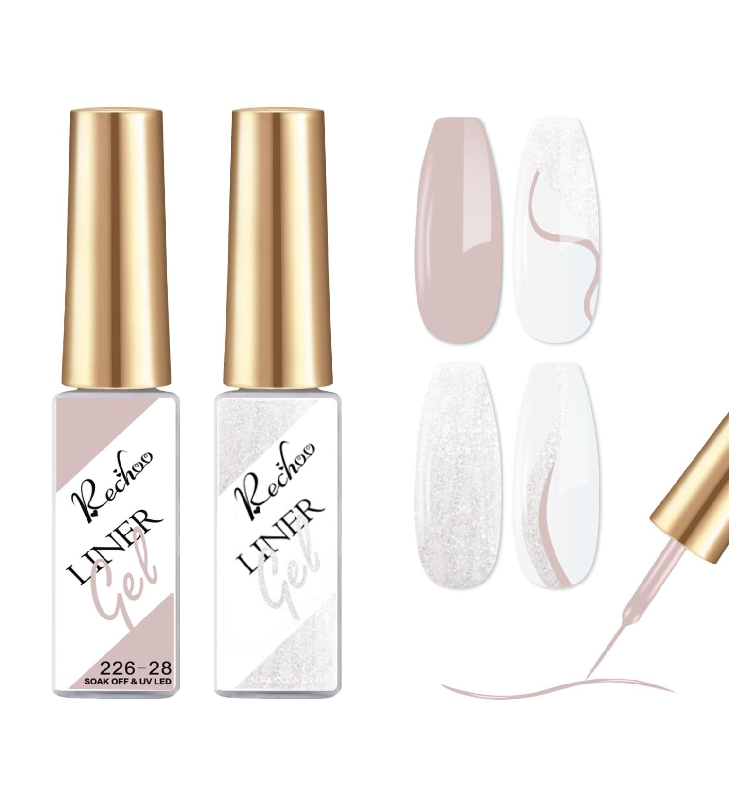 Rechoo Liner Nail Gel Polish-10ML*2 Nude & White Glitter Gel Nail Polish for Fineliner Nail Art Matte and Shimmer French Manicure Nail Polish Shellac Color Gel with thinner Brush F-2-Nude & White Glitter - Buy Online on GoSupps.com