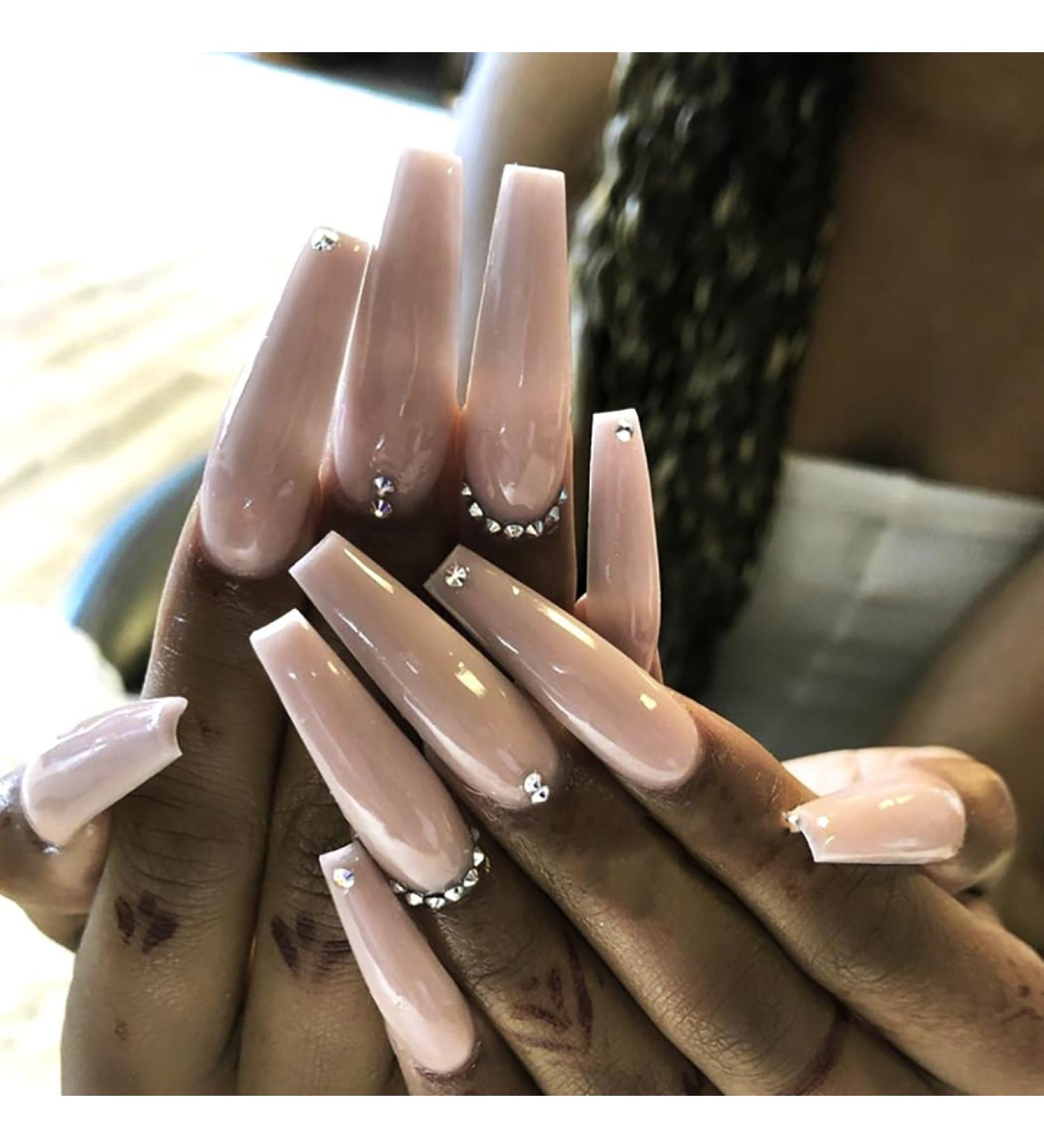 Brishow Long Khaki Press-On Nails with Rhinestones | 24 Ballerina Acrylic Artificial Nails for Women & Girls - Buy Online on GoSupps.com