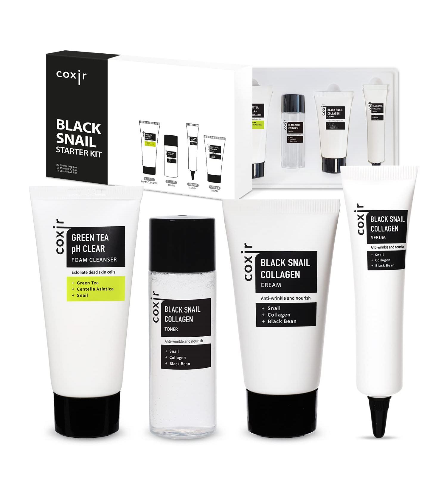  Valentine's Day Gift Set coxir Black Snail Collagen Starter Kit Cleanser Toner Serum & Cream | Repairing Snail Mucin Skincare Set Hydrating Korean Beauty Routine for Women (4-Piece) - Buy Online on GoSupps.com