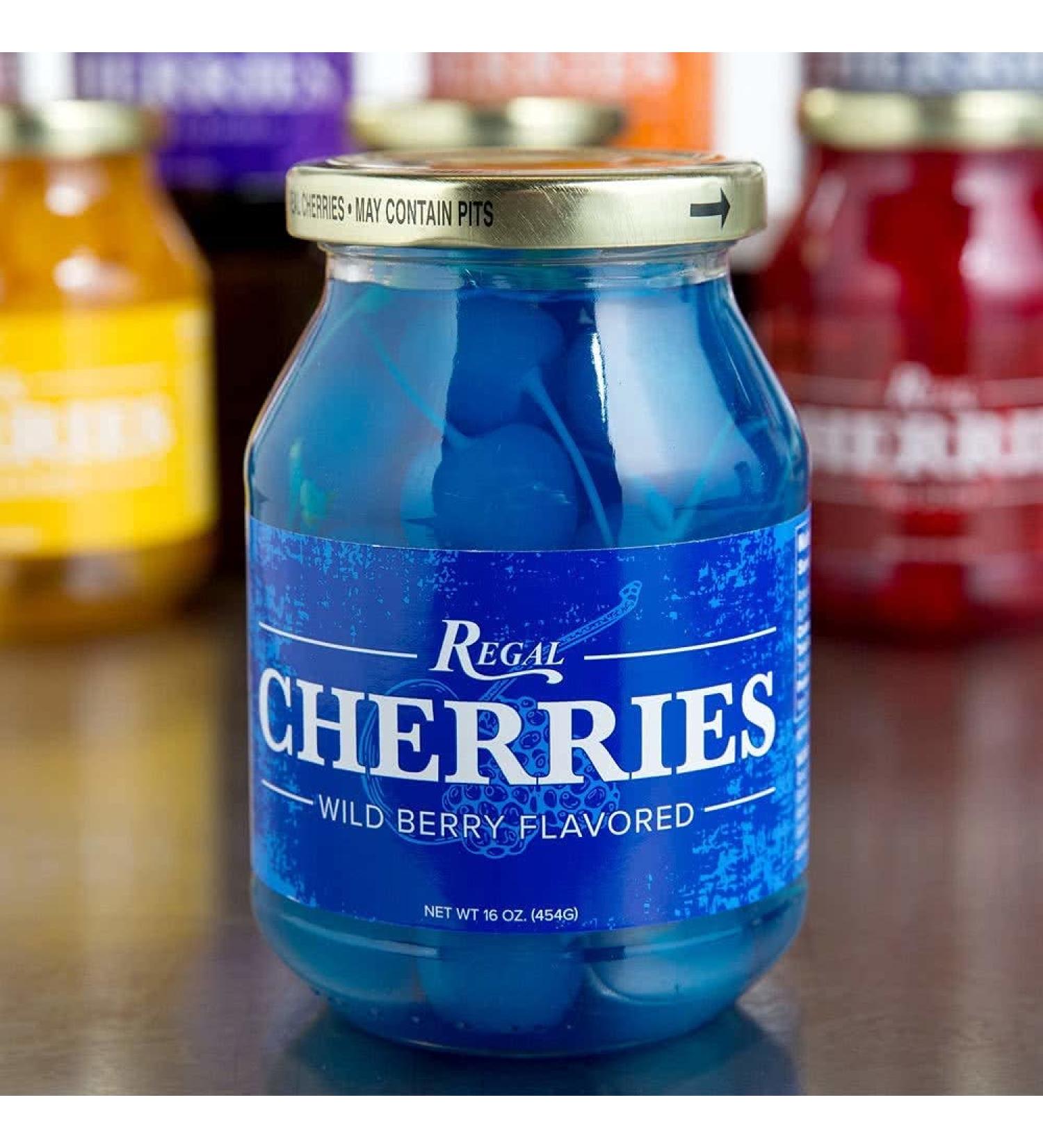 Regal 16 oz. Light Blue Maraschino Cherries with Stems