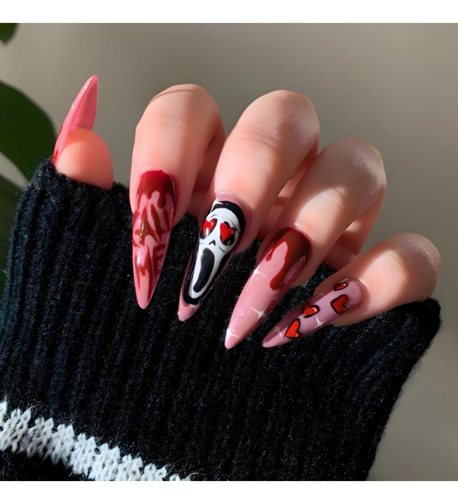 Press on Nails Long Pointed Tip Fake Nails Chocolate Shining Love Skull False Nails Press on Nails Designs Acrylic Nails Press on Artificial Nails Stick on Nails For Women Girls 24Pcs - Buy Online on GoSupps.com