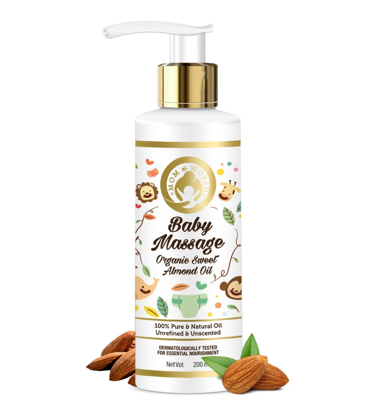 Mom & World Baby Massage Oil - 100% Pure Organic Sweet Almond Oil Cold Pressed Hypoallergenic 200ml - Buy Online on GoSupps.com