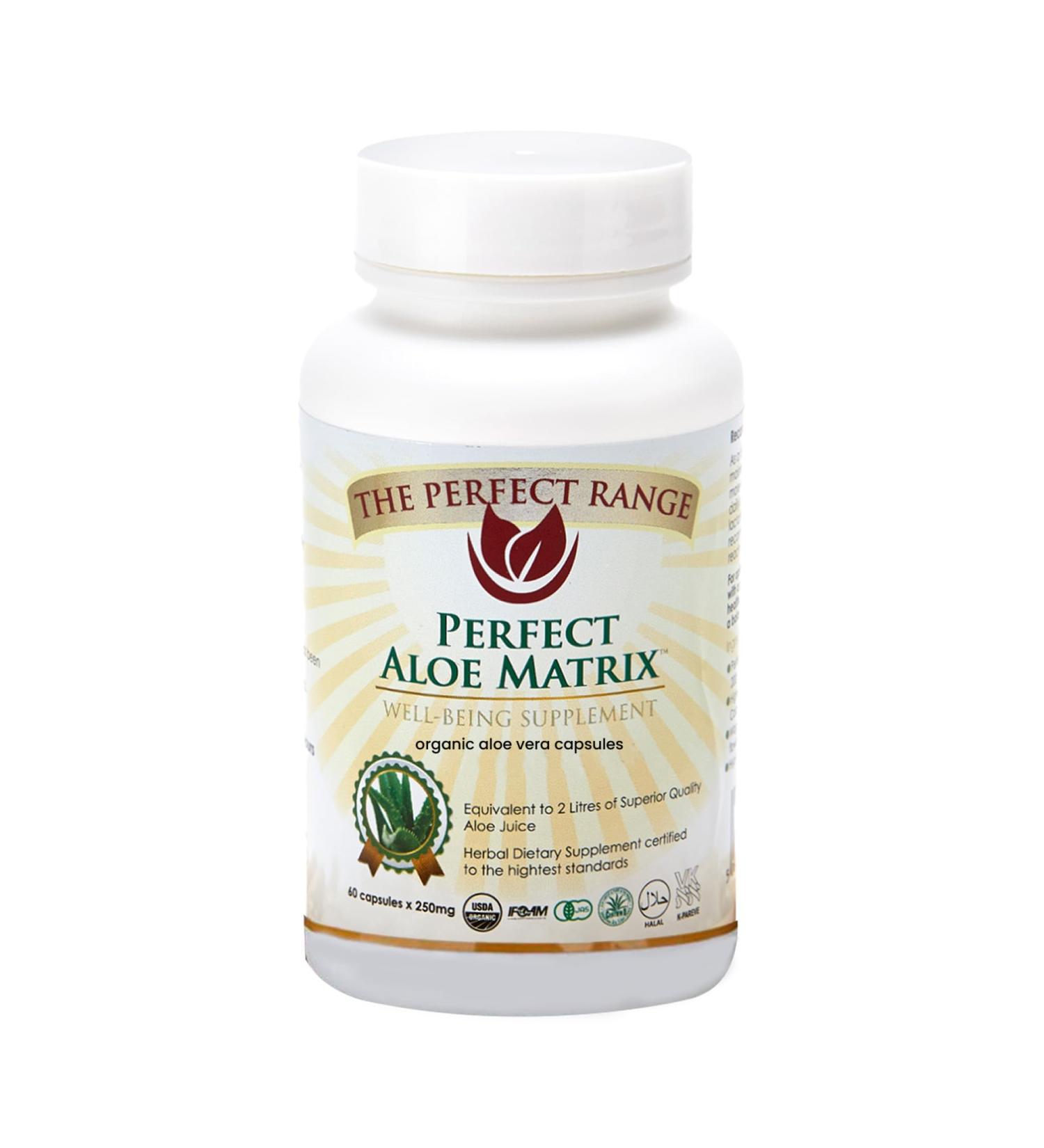 The Perfect Range Aloe Matrix - 60 Aloe Vera Capsules for Healthy Skin & Hair 250mg Supports Healthy Digestion & Immune System Vitamin E Aloe Vera Capsules Alo Vera Capsules - Buy Online on GoSupps.com