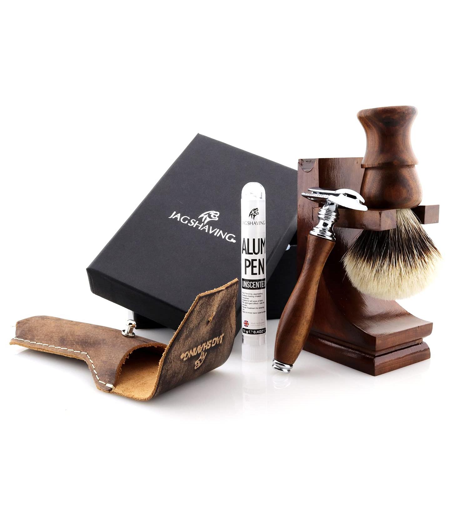 JAG Shaving Razor Set - Sustainable 4-Part Wooden Razor Set with Silberspitz Brush Double Edge Blades Stand & Leather Bag - Eco-Friendly Shaving Solution - Buy Online on GoSupps.com