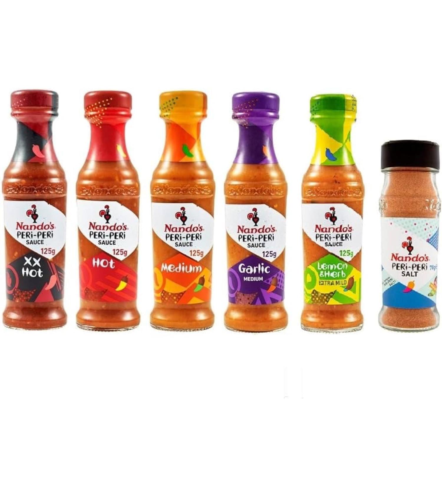 Peri-Peri Salt - 70g & 5 Assorted Multi-Flavours Nando's Sauce 125g (Pack of 6) | Authentic Portuguese Flavors to Spice Up Your Meals | Hot and Spicy Condiments - Buy Online on GoSupps.com