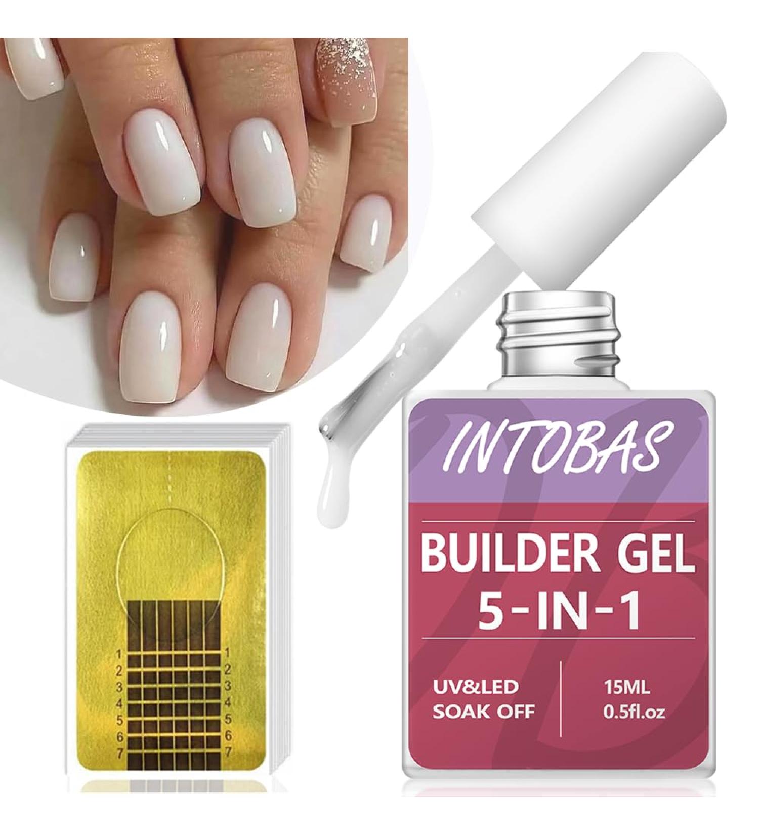 Intobas 5-in-1 Builder Gel for Nails - Milky White UV/LED Nail Polish Set with 100 Nail Shapes for Extensions & Nail Art - Buy Online on GoSupps.com