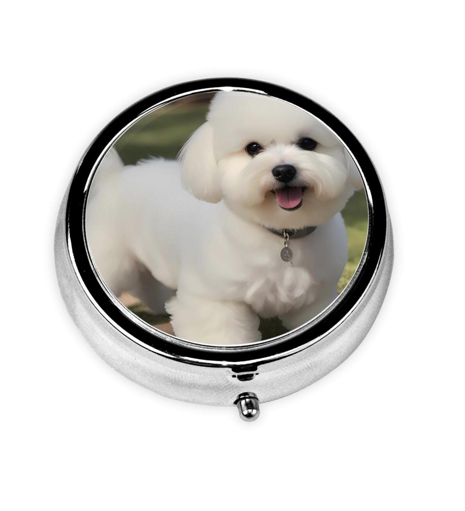 Round Pill Box | Mini Travel Medicine Organizer | Bichon Frise Dog Prints - Perfect for Purse & Pocket - Buy Online on GoSupps.com