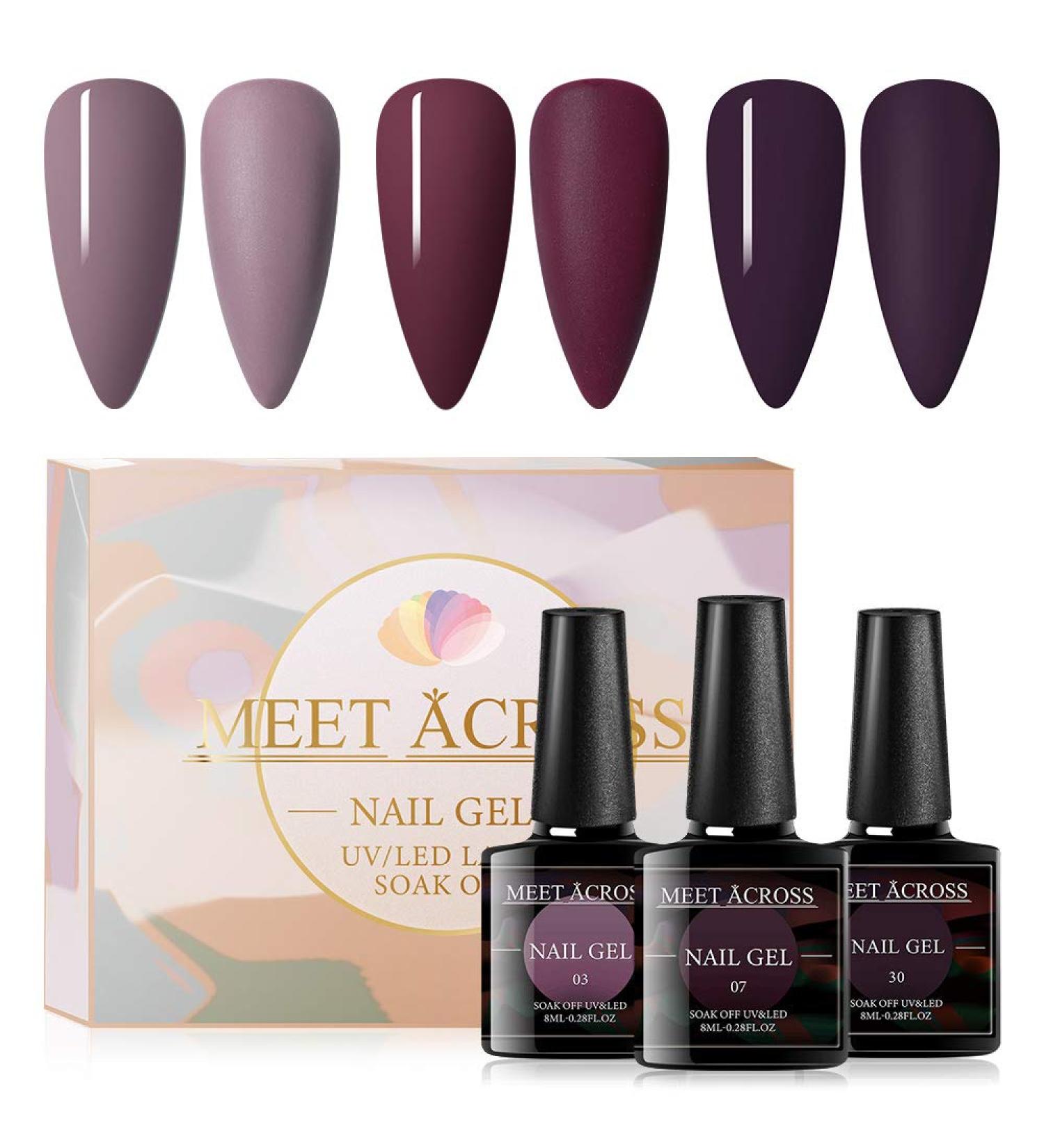 Meet Across Purple Plum Red Gel Nail Polish Set - 3 Color Nude Gel Polish Kit with UV/LED Lamp Base & Top Coat - Perfect Gift Box for Nail Art Salon & Manicure Starter Set - Buy Online on GoSupps.com