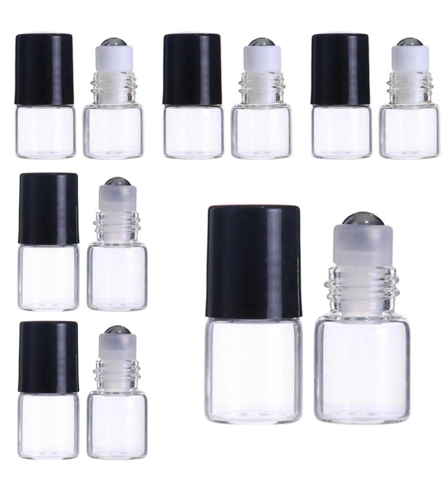 12 Pack Ksiuw Mini Clear Glass Roll-On Bottles | Refillable Essential Oil & Perfume Containers | 1ml/2ml Black Cap | Ideal for Cosmetics & Samples - Buy Online on GoSupps.com