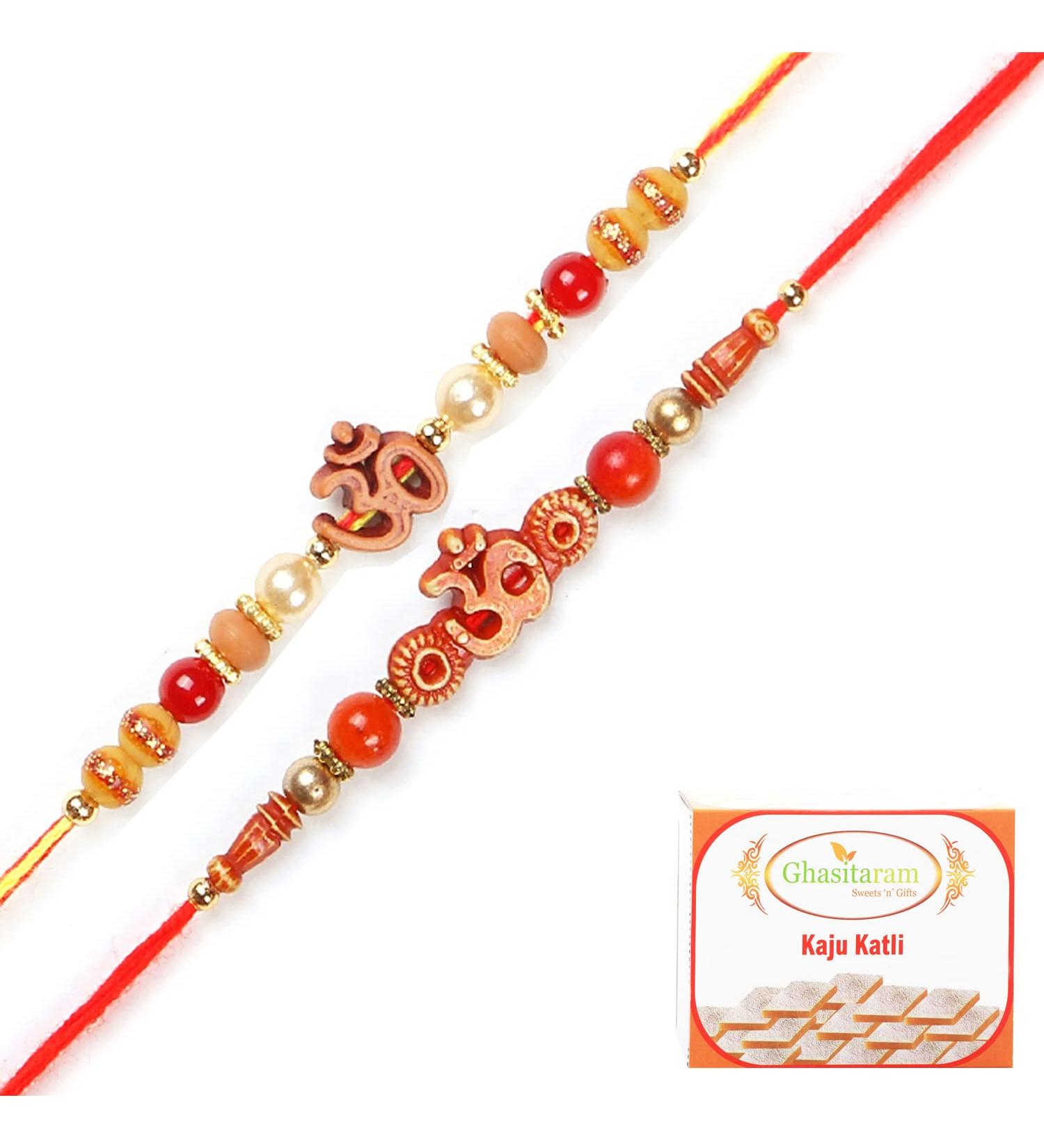 Ghasitaram Gifts Rakhi for Brother Rakhis Online - Set of 2 5504 6037 Om Rakhi Threads with 200 GMS of Kaju katli - Buy Online on GoSupps.com