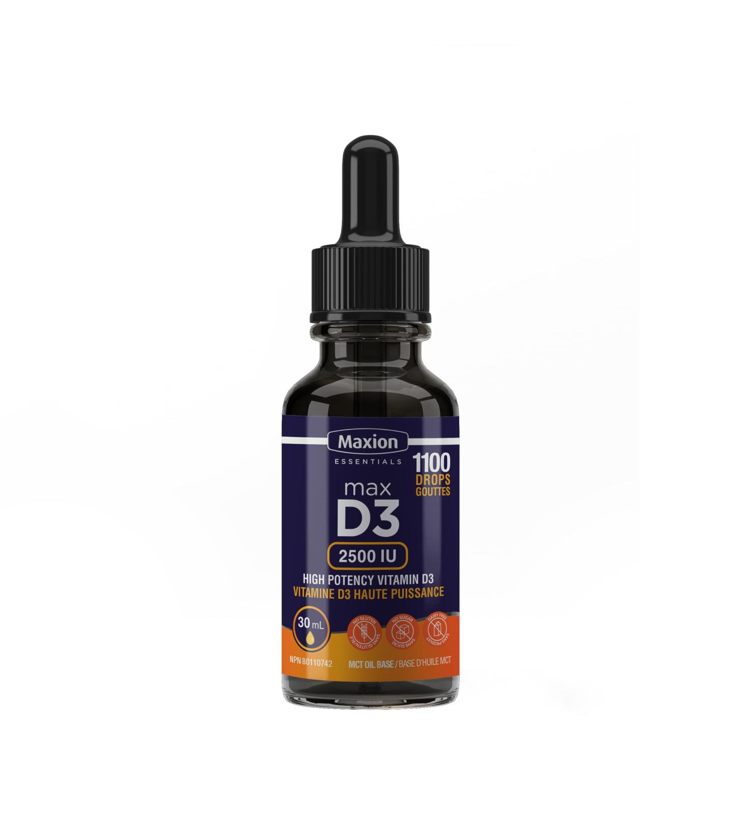 Maxion Vitamin D3 Liquid Drops 2500 IU 1100 Drops Helps with the Development of Bones and Teeth and to Support the Immune System No Preservatives Non-GMO Allergy-friendly 30 mL - Buy Online on GoSupps.com