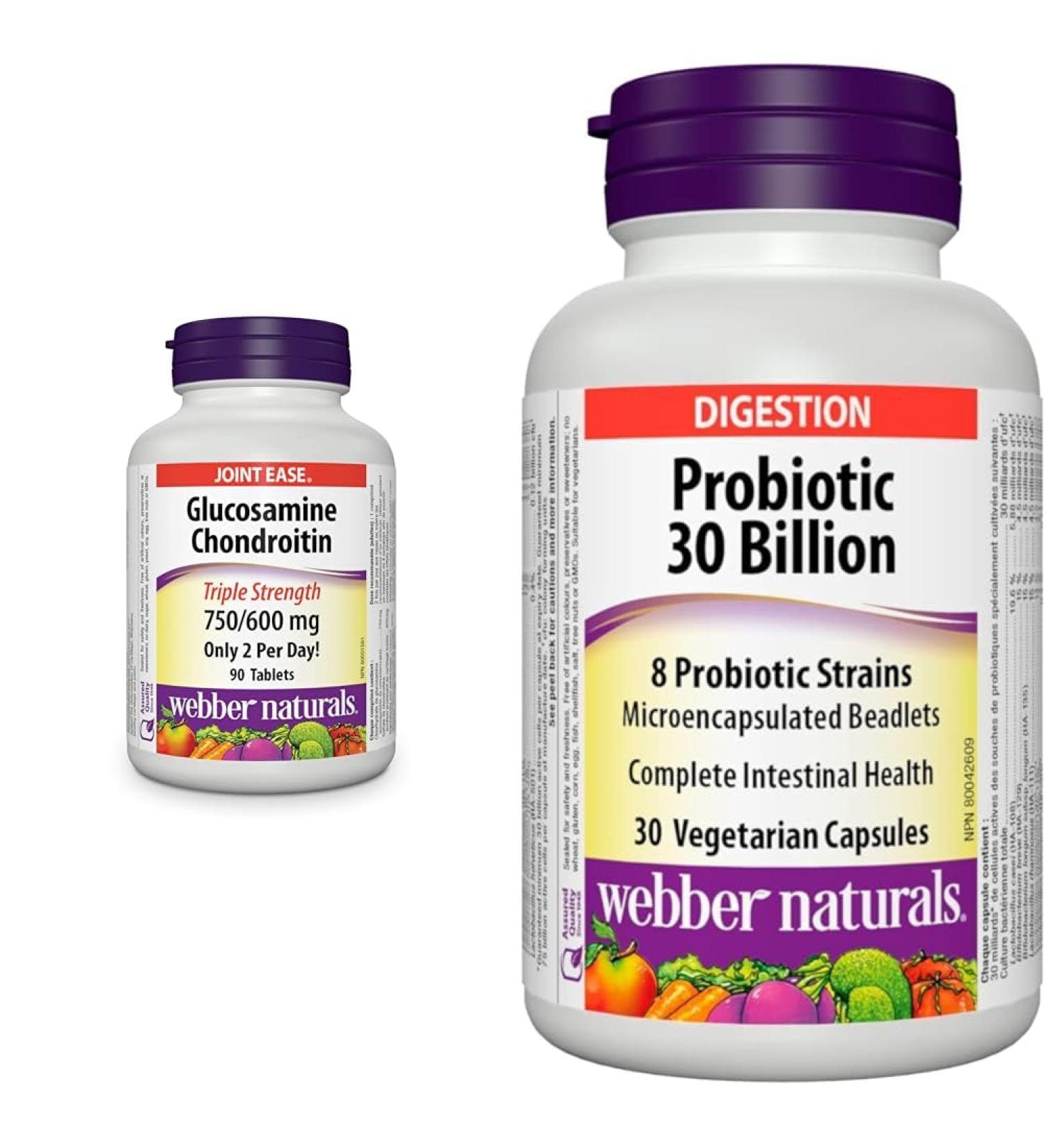 Webber Naturals Glucosamine Chondroitin Triple Strength 90 Tablets & Probiotic 30 Billion Active Cells 8 Probiotic Strains 30 Capsules For Digestive Health Vegetarian - Buy Online on GoSupps.com