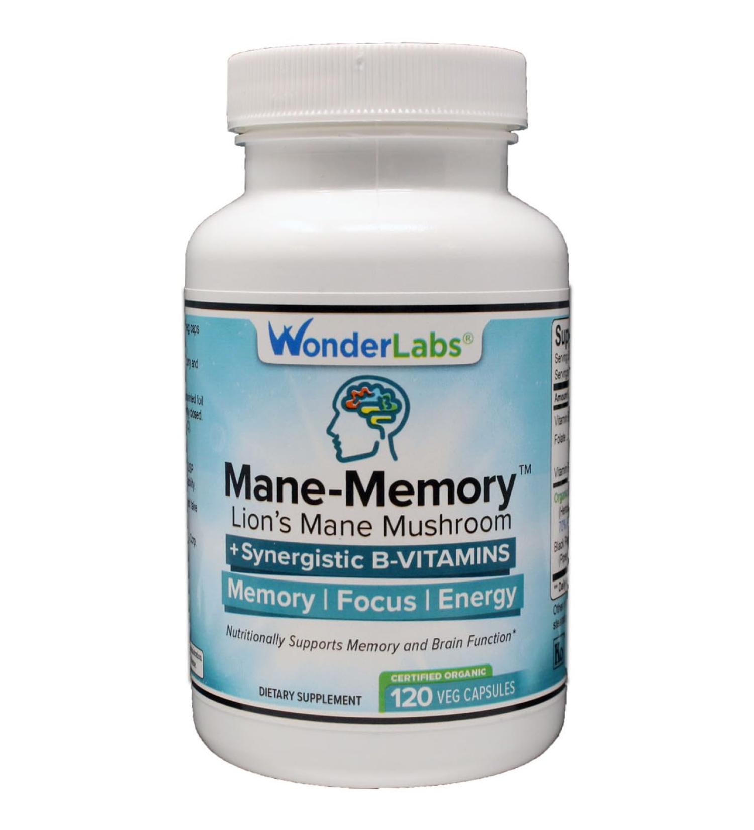 Wonder Laboratories Lions Mane Mushroom 1100mg Mycelium & Fruting Body - Nutritionally Supports Memory and Brain Function Plus Essential B-Complex for Energy - 120 Capsules - Buy Online on GoSupps.com