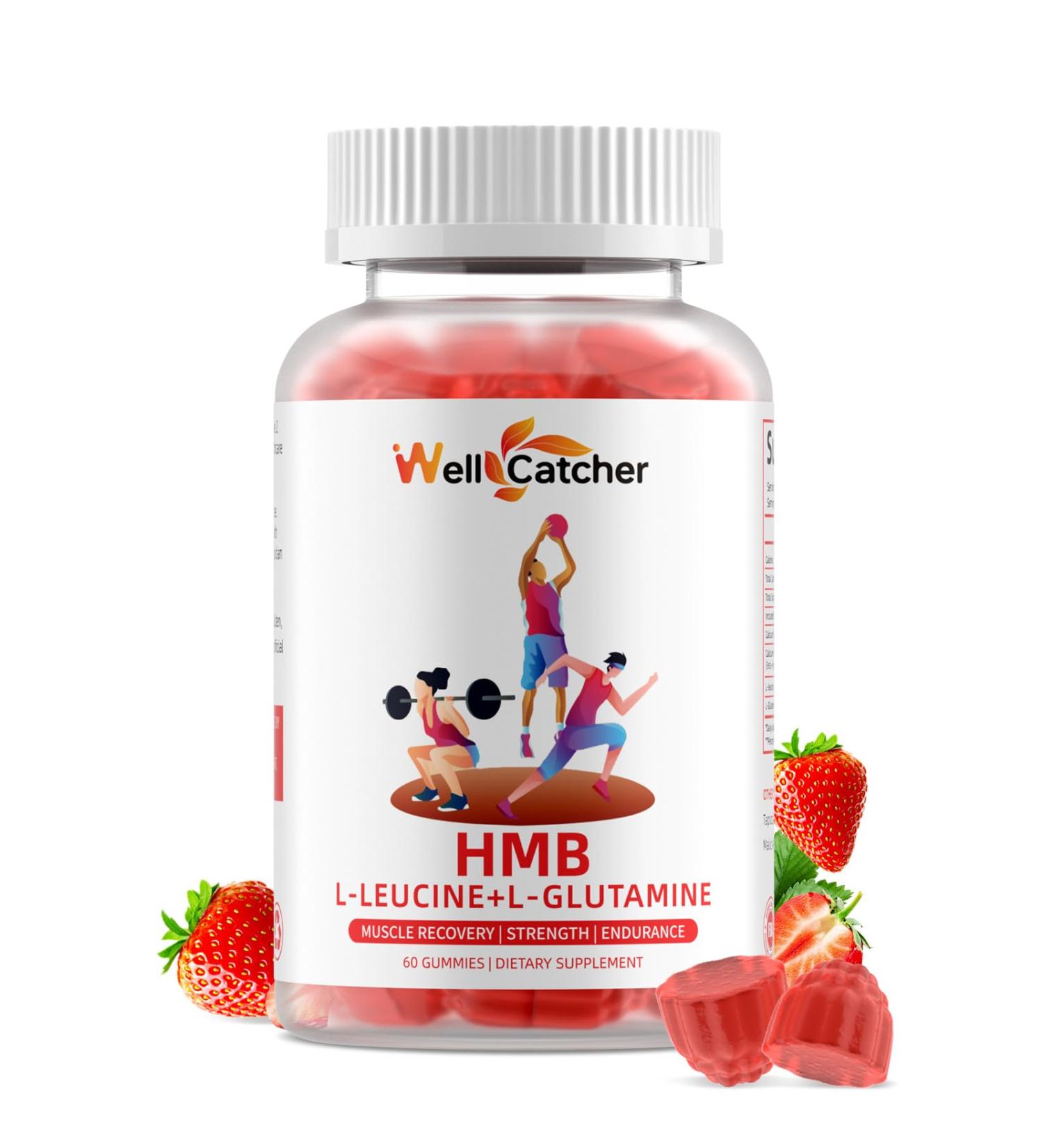Wellcatcher HMB and Leucine Amino Acid Gummies: HMB Supplements for Men Women with L-Glutamine for Muscle Growth Fast Workout Recovery Sugar Free Vegan Non-GMO Strawberry Flavored 30 Day Supply - Buy Online on GoSupps.com