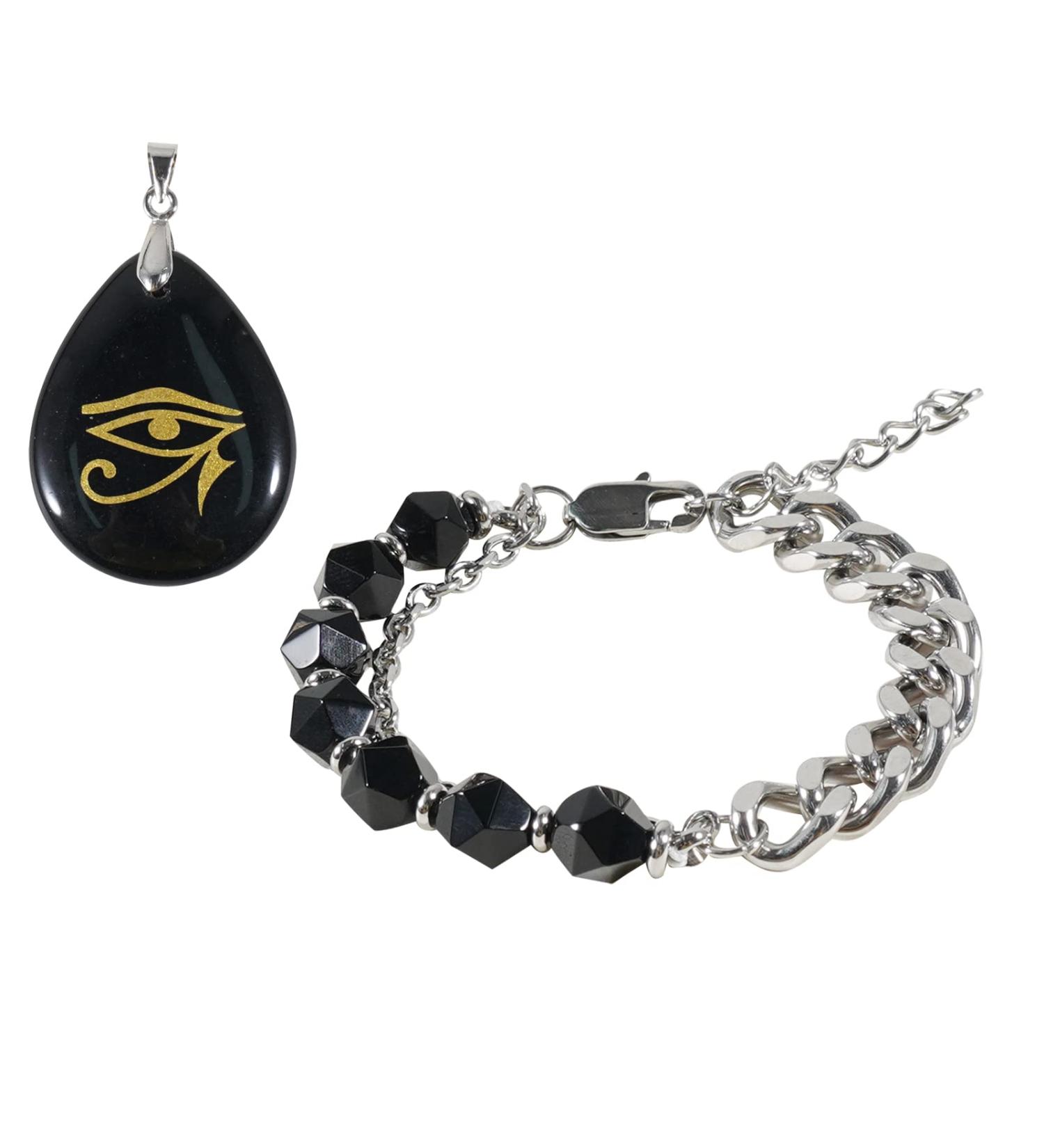 Stainless Steel Onyx Black Agate Bracelet with Obsidian Necklace Set - Eye of Horus Lucky Charm Pendant - Natural Gemstone Jewelry Set - Buy Online on GoSupps.com