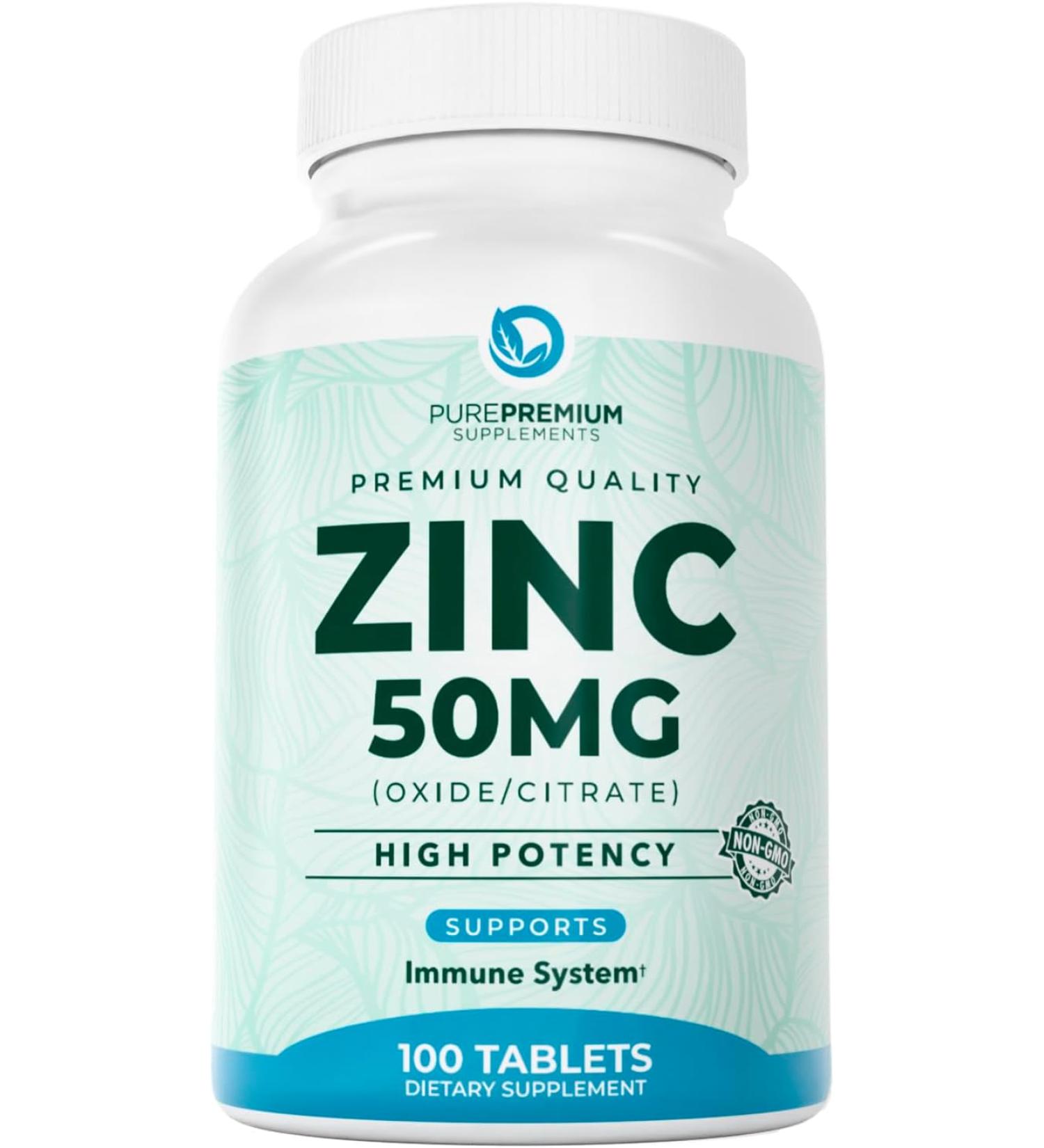 PurePremium Zinc 50mg Supplement - Antioxidant Formula with Zinc Oxide/Citrate - Non-GMO Immune Support for Men & Women - 100 Tablets - Buy Online on GoSupps.com