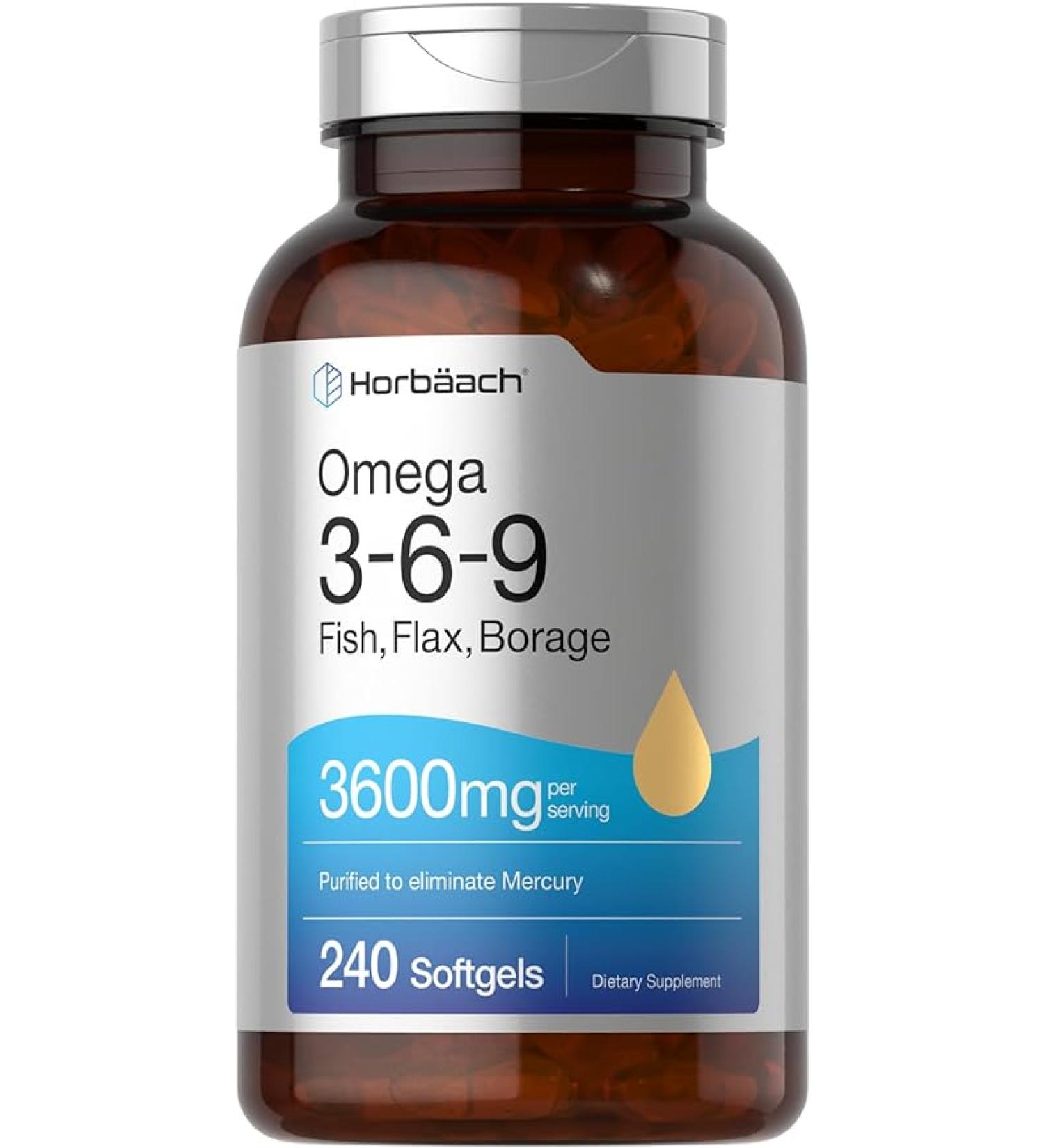 Horbaach Triple Omega 3-6-9 3600mg Softgels - Fish, Flaxseed, Borage Oils - 240 Count - Non-GMO, Gluten Free - Buy Online on GoSupps.com