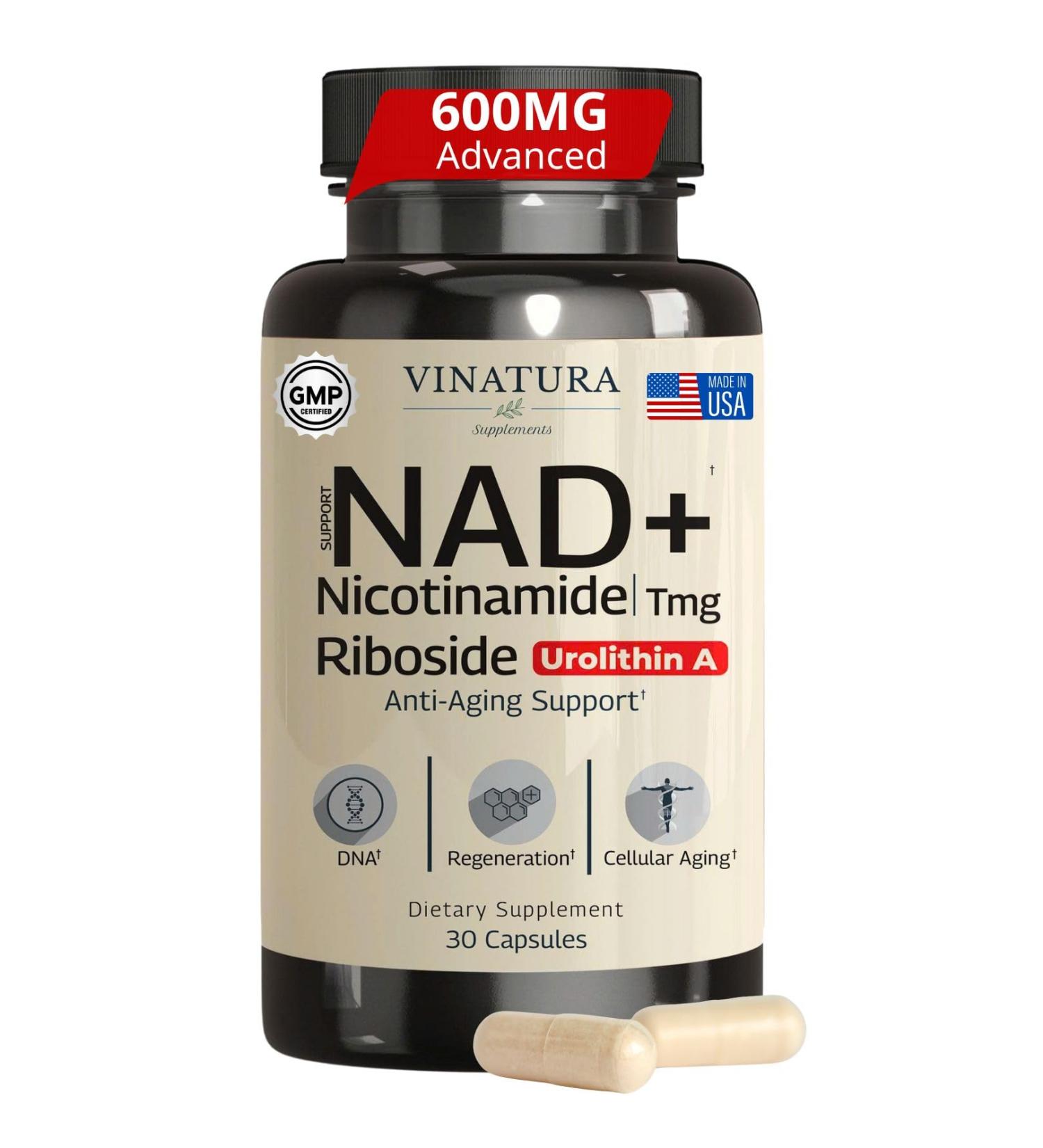 VINATURA NAD Supplement Nicotinamide Riboside with Resveratrol - Advanced NAD+ Supplement with TMG and Urolithin A for Women and Men - 30 Vegan Capsules - Buy Online on GoSupps.com