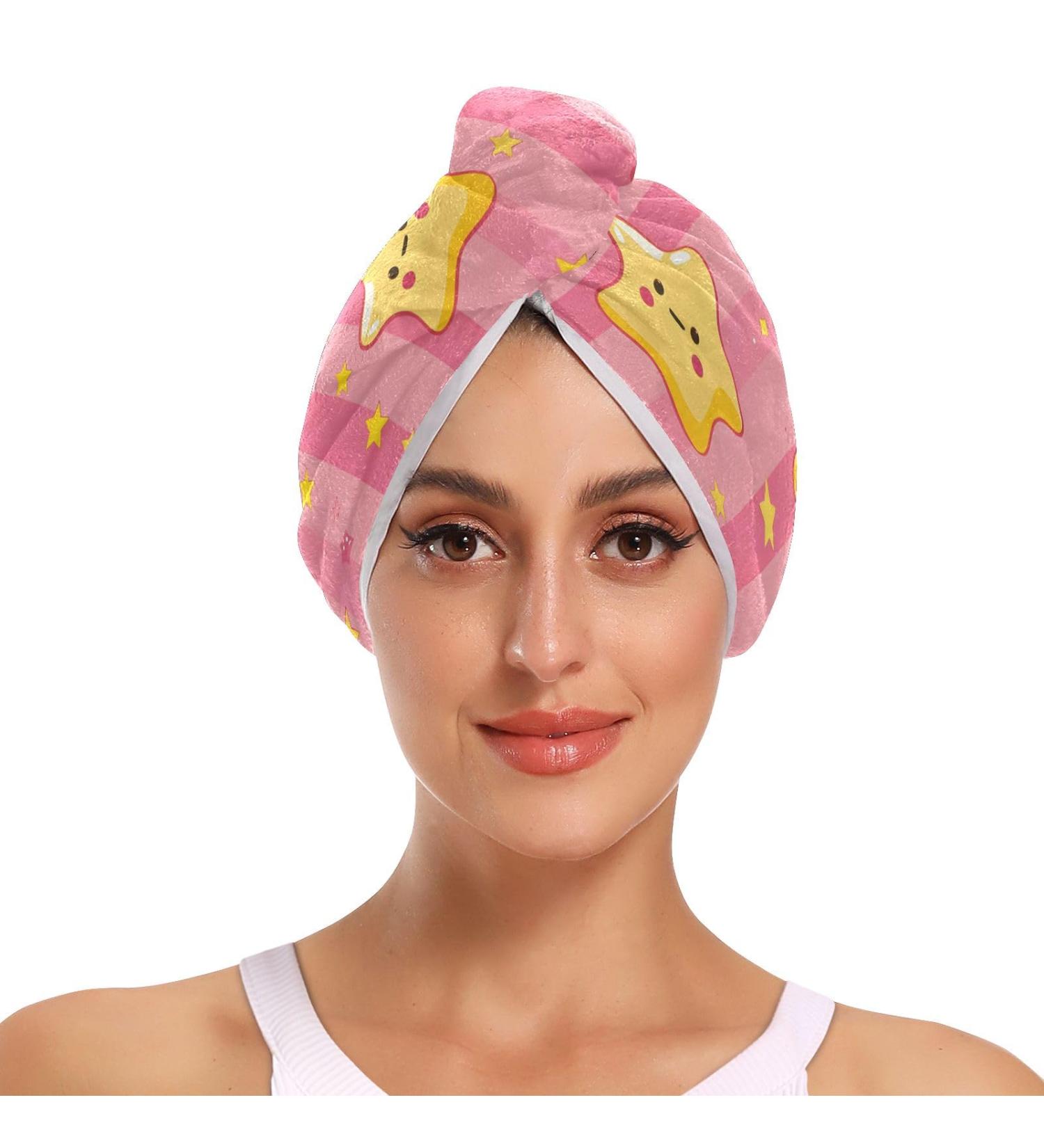 Kawaii Soft Yellow Star Hair Towels 2 Pack | Super Absorbent Quick Dry Turbans for Women & Girls - Buy Online on GoSupps.com