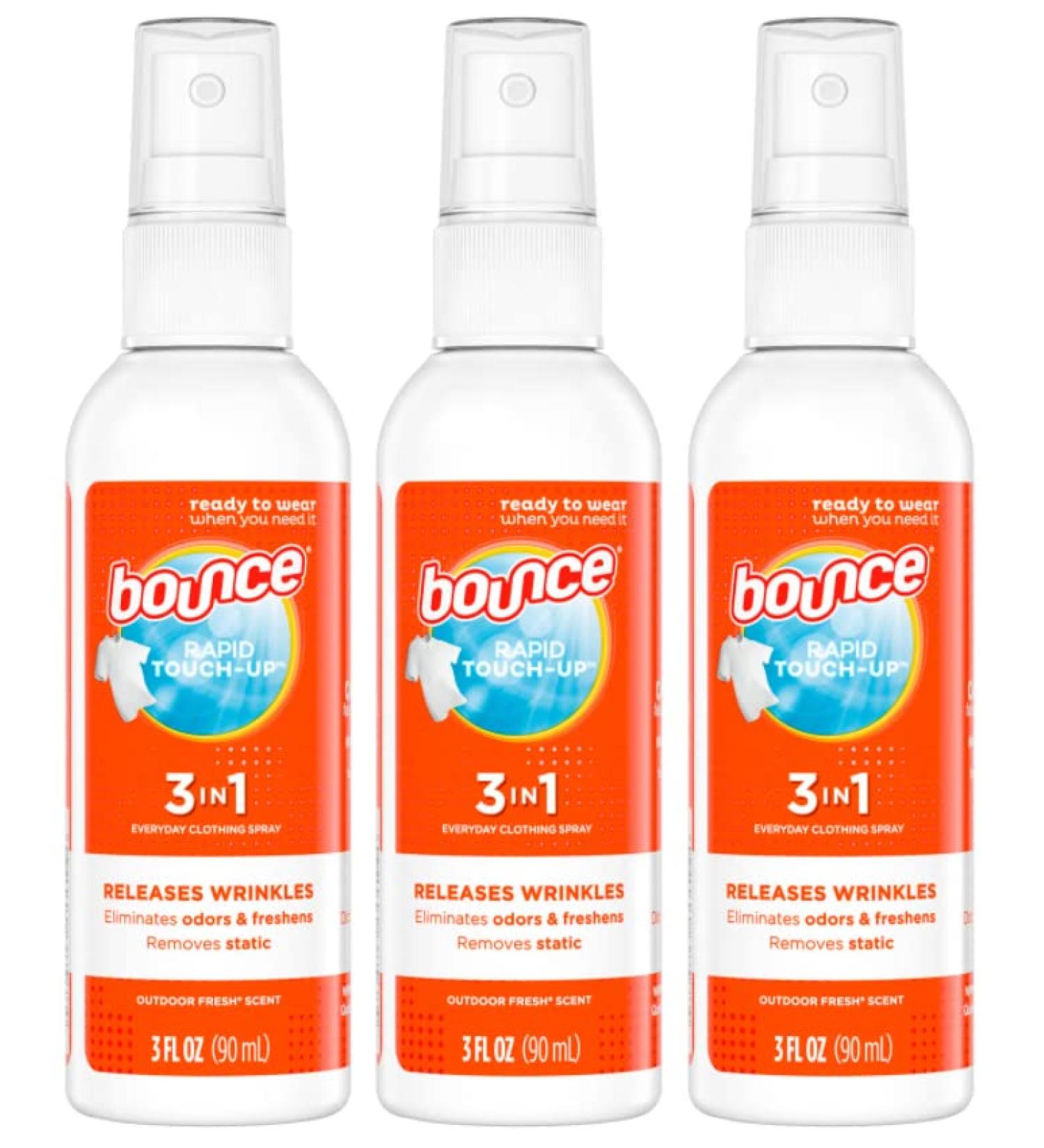 Bounce Rapid Touch-Up 3 in 1 Wrinkle Releaser Clothing Spray - RELEASE WRINKLES - Eliminates Odors & Freshens - Removes Static - TSA Approved Travel Size 3 Oz Pack of 3 - Buy Online on GoSupps.com