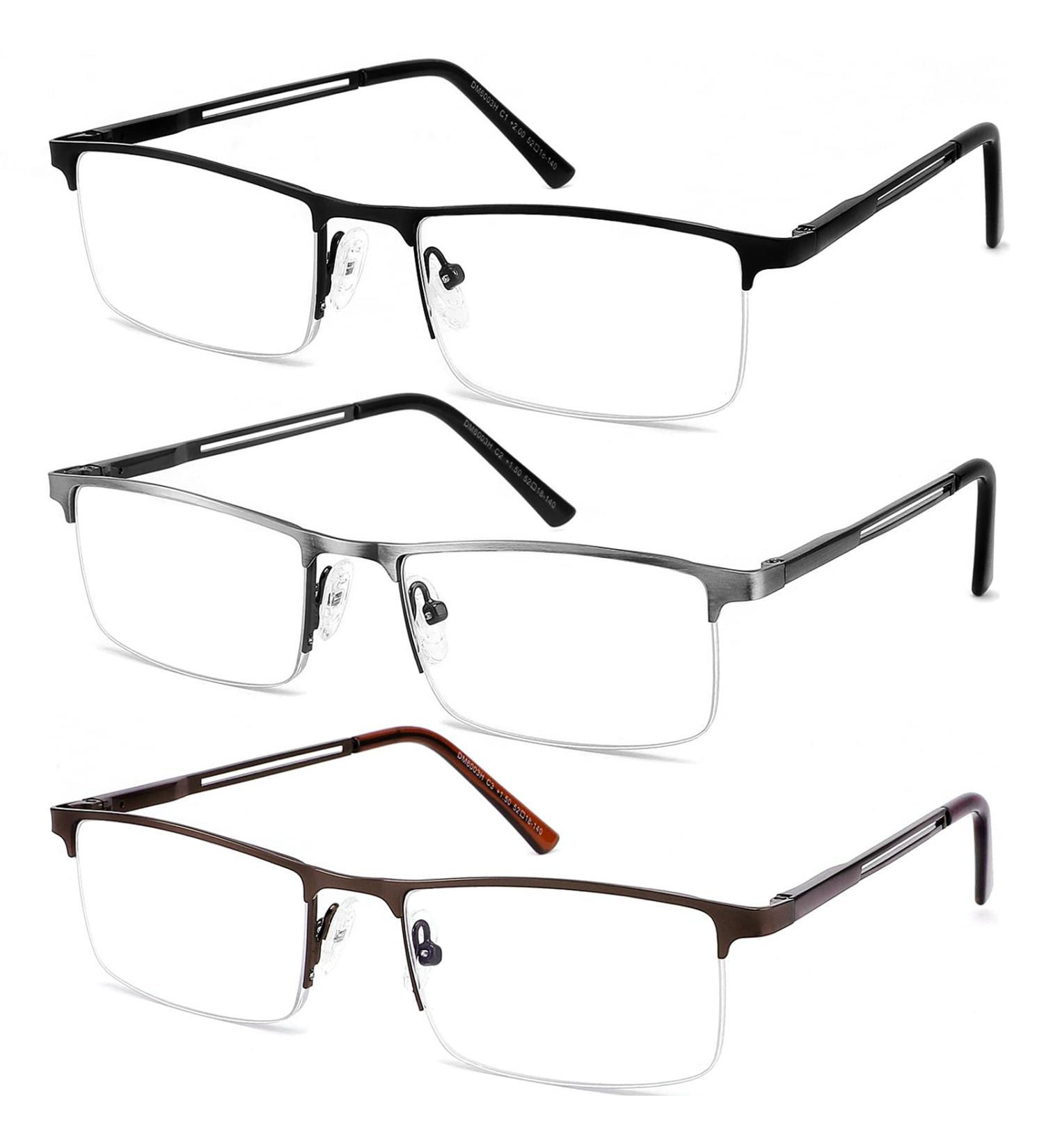 JJWell Men's Blue Light Filter Reading Glasses - 3 Pieces Rectangular Half Metal Anti-Eye Strain UV Protection - Prescription 2.75 Black & Gunmetal - Buy Online on GoSupps.com