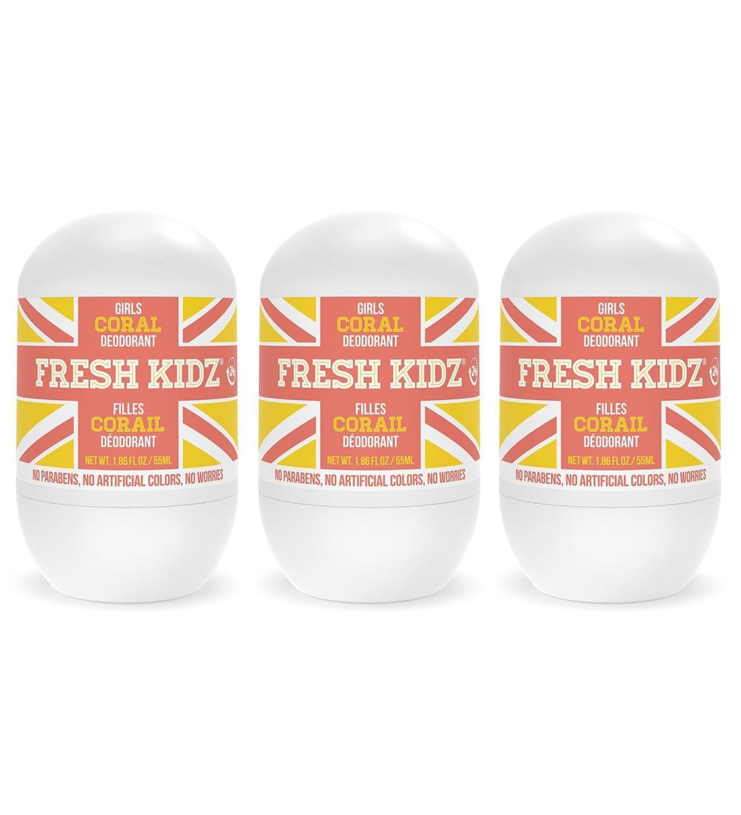 Fresh Kidz Roll On Deodorant for Kids and Teens - Baking Soda and Aluminum-free 24 Hour Protection for Sensitive Skin - Girls "Coral" 1.86 fl.oz. (3 Pack) 1.86 Fl Oz (Pack of 3) - Buy Online on GoSupps.com