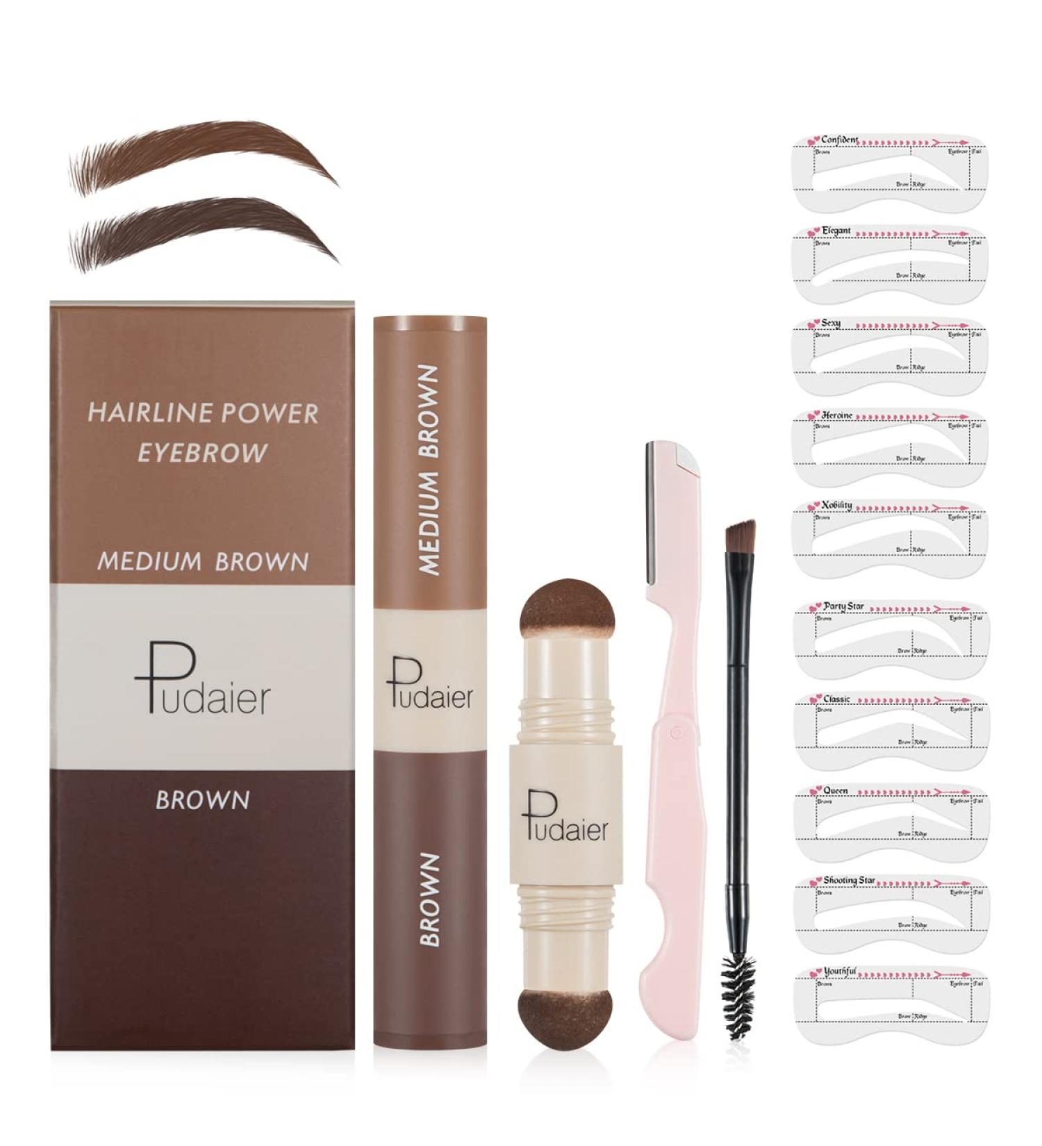 Eyebrow Stamp Stencil Kit: 2 Colors Brow Trio Set with Stencils, Brush, Razor - Waterproof & Long Lasting - Easy Color, Newly Makeup Kit (Brown & Medium Brown) - Buy Online on GoSupps.com