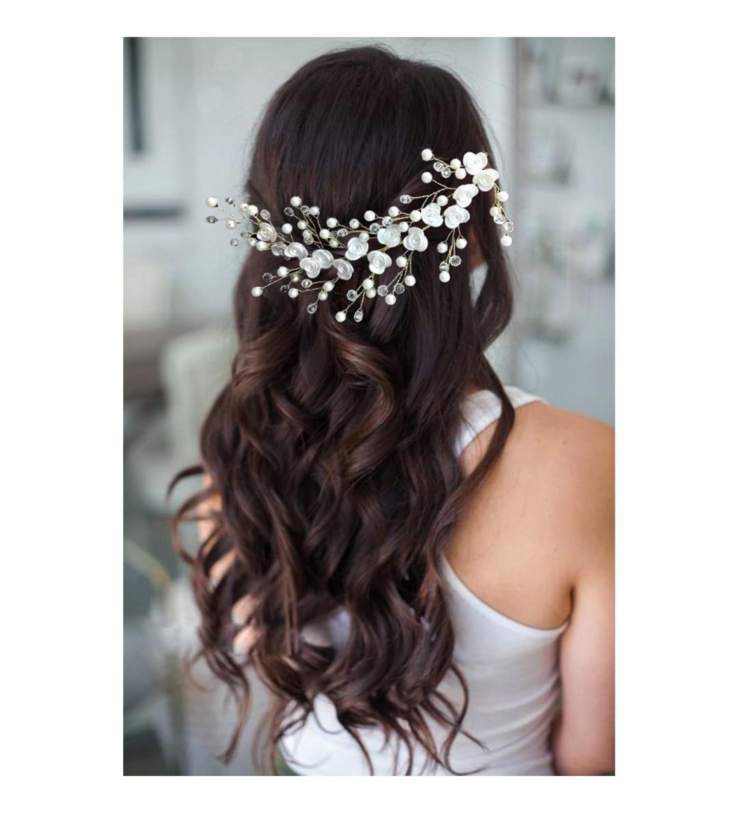 Hair Flare Small White Rose flowers with White stone and Pearls Bridal Hair Pin/Hair Accessories for Women and Girls- 2395 - Buy Online on GoSupps.com