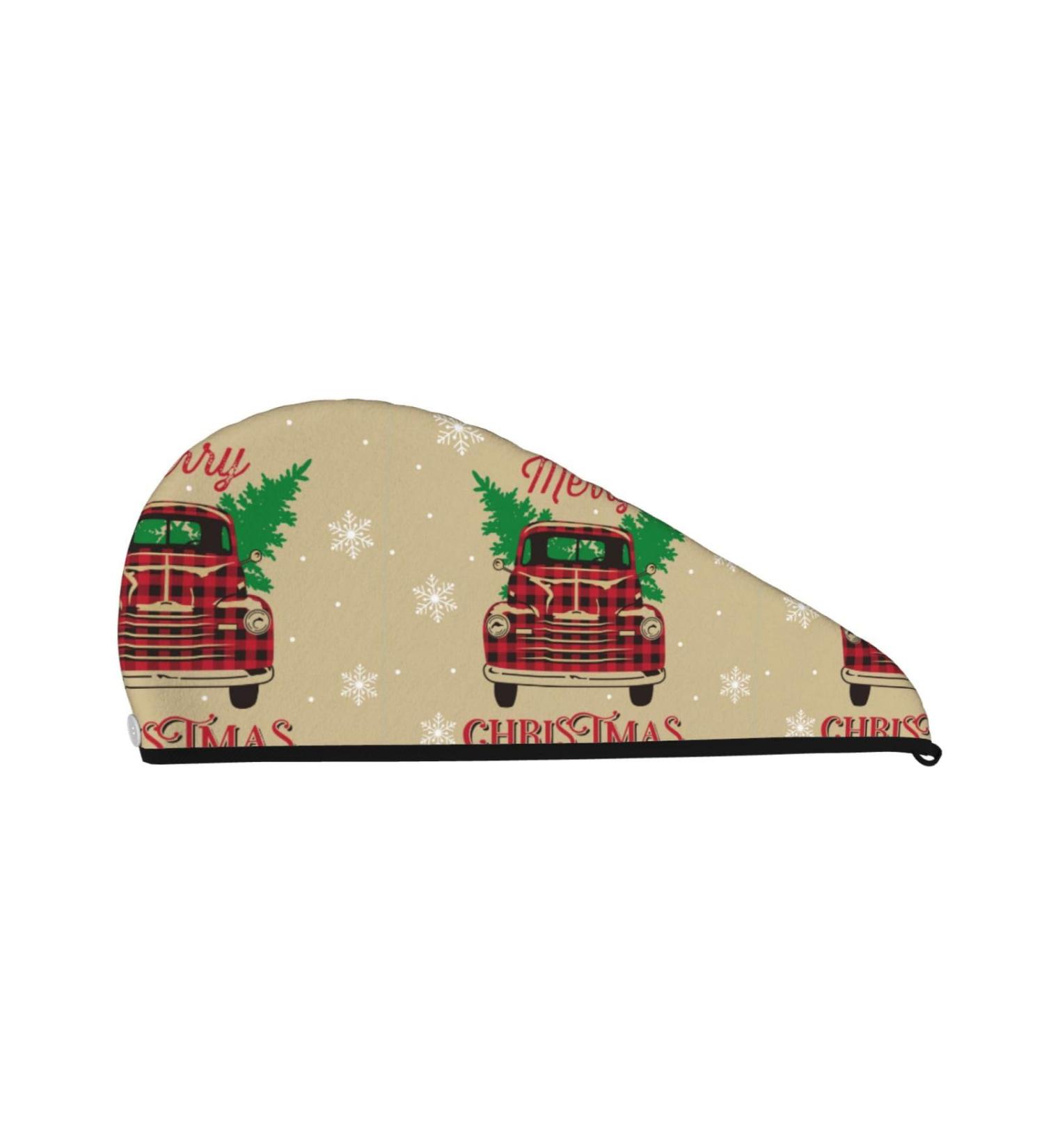 Hair Towel Wrap - Quick Drying Hair Turban with Button | Christmas Vintage Red Truck Design - Buy Online on GoSupps.com