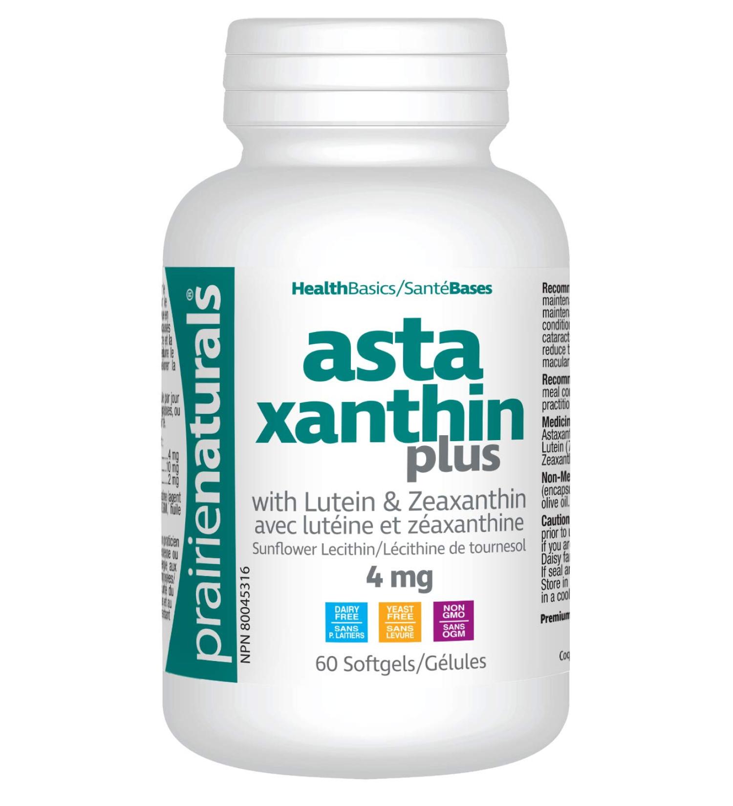 Prairie Naturals Astaxanthin Plus 4mg Astaxanthin Lutein & Zeaxanthin Softgel helps to maintain eyesight prevent cataracts and age-related macular degeneration reduces the risk of developing cataracts improves macular pigment optical density protect the e - Buy Online on GoSupps.com