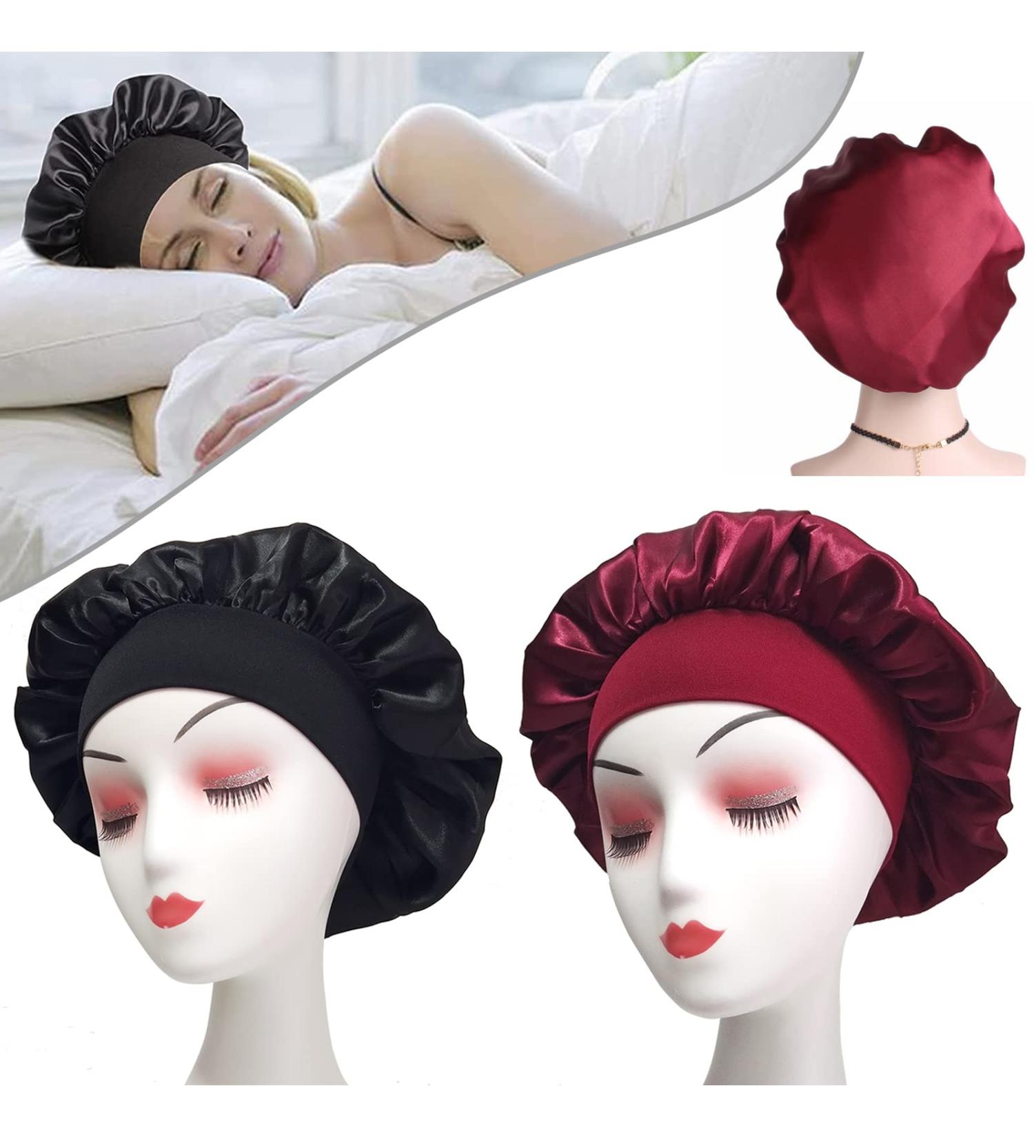 Silk Wide Band Hair Bonnet for Sleeping (2pcs Black + Wine) | Satin Night Sleep Cap for Women Girls | Elastic Hat for Black, Curly Hair Care - Buy Online on GoSupps.com