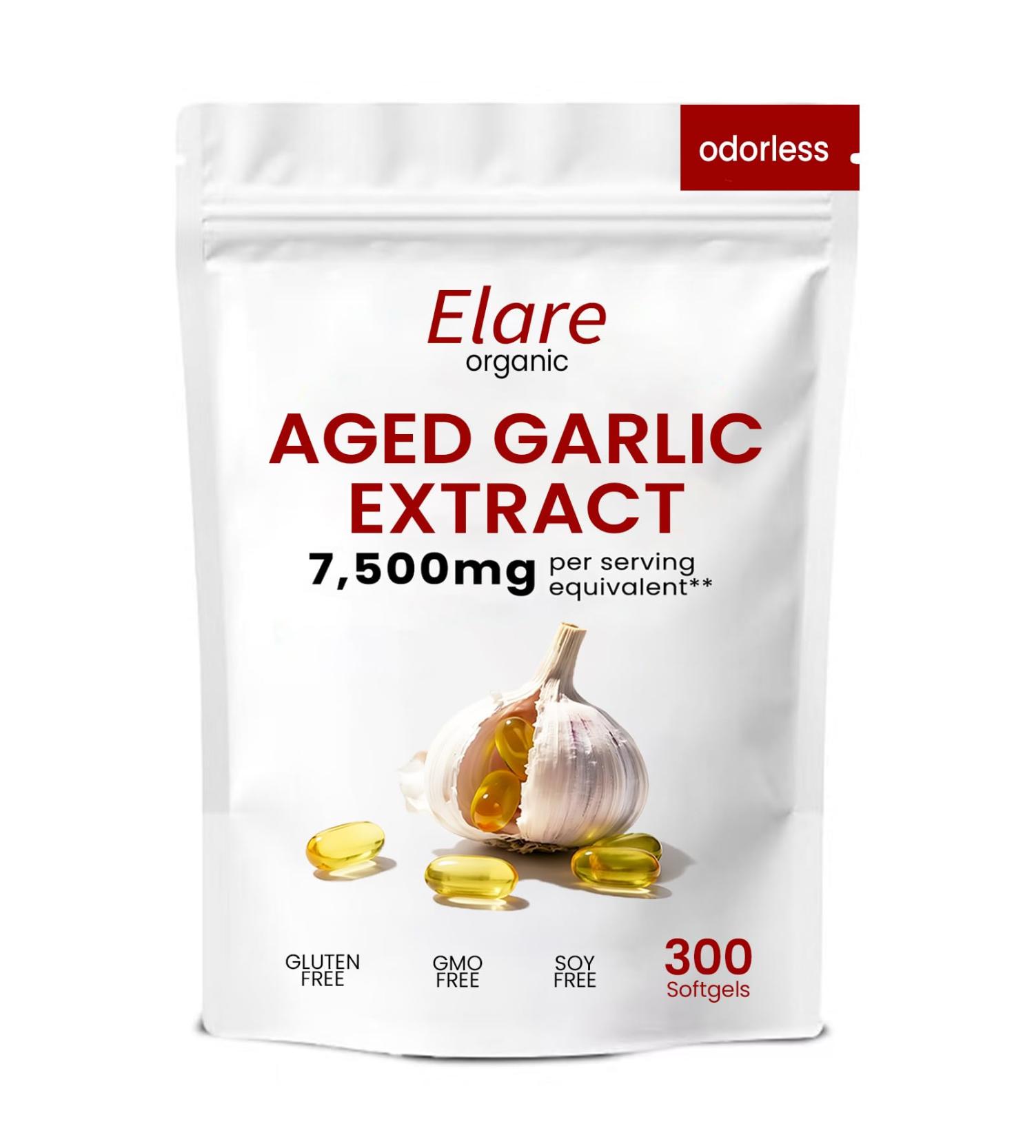 Elare Organic Aged Garlic Extract 7500mg Odorless 24 Month Aged Garlic Supplements | Health & Energy Support Non-GMO Non-Soy | All Natural - 300 Softgels (1 Bag) - Buy Online on GoSupps.com