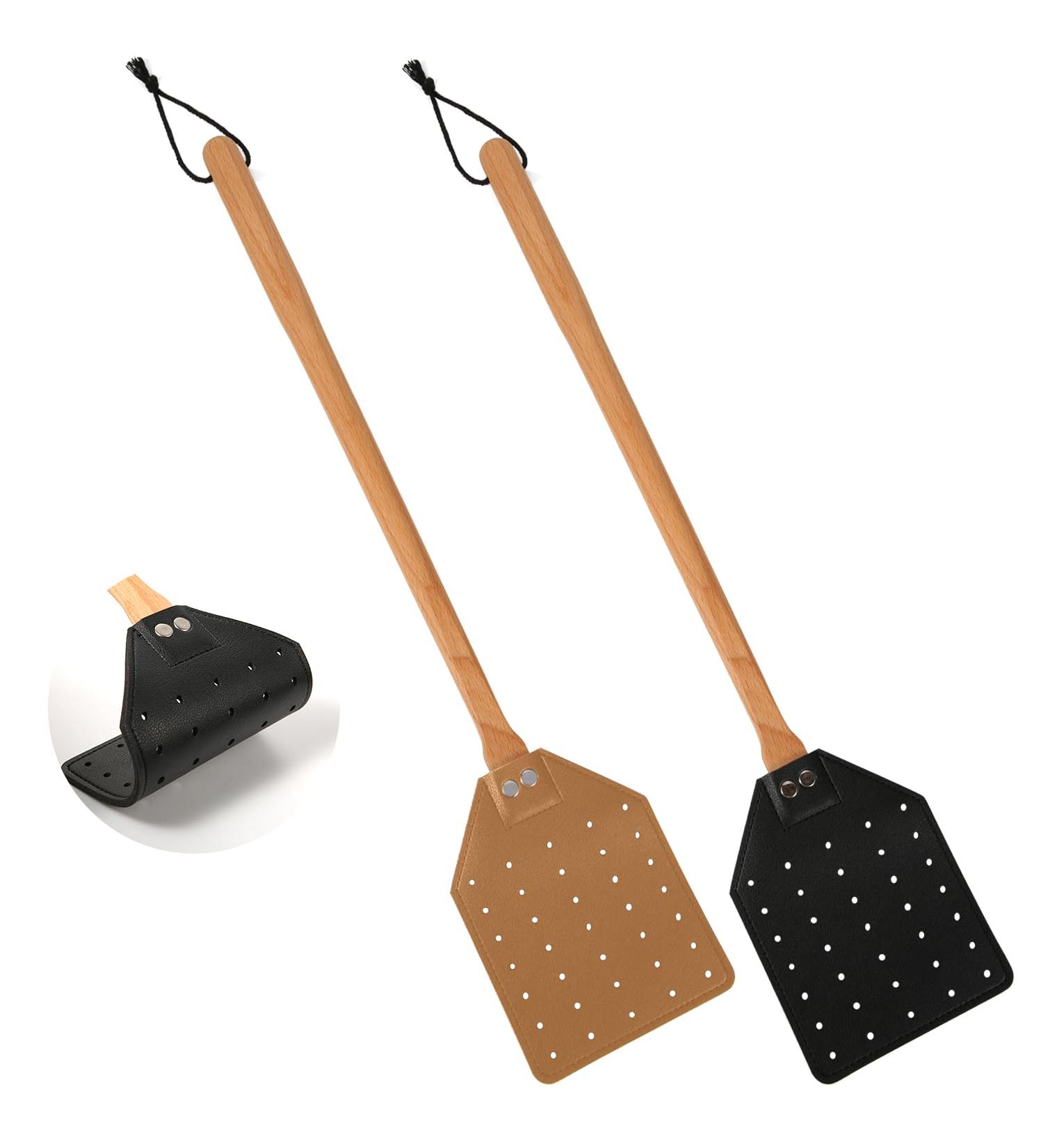 Peutier 2Stk Leather Fly Swatter - 49.5cm Durable Wooden Handle for Indoor & Outdoor Use | Black & Brown - Buy Online on GoSupps.com