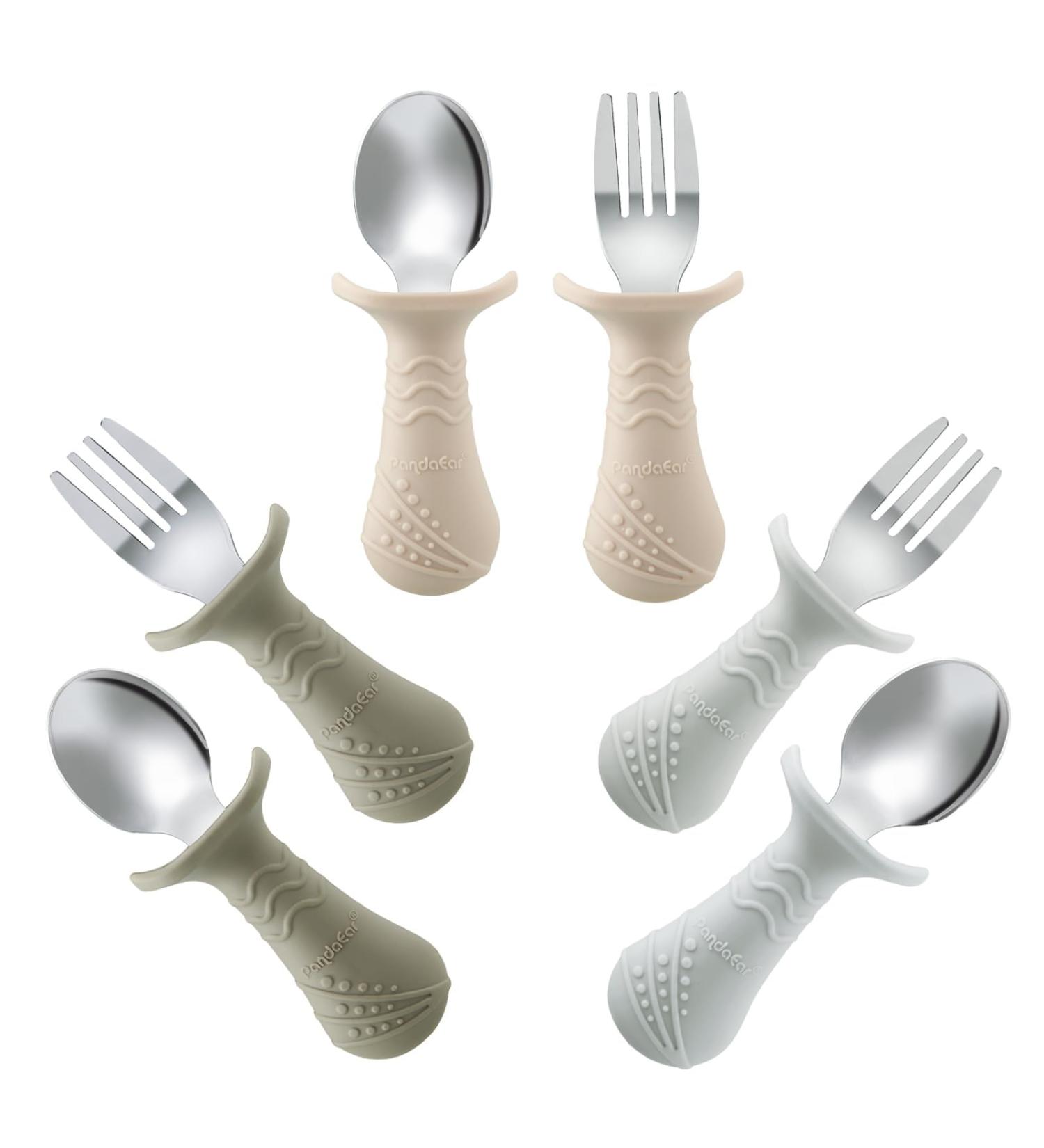 Pandaear 6-Piece Children's Cutlery Set | BPA-Free Silicone & Stainless Steel Baby Fork & Spoon | Anti-Choke Design | Ideal for 1-Year-Olds | Light Brown - Buy Online on GoSupps.com
