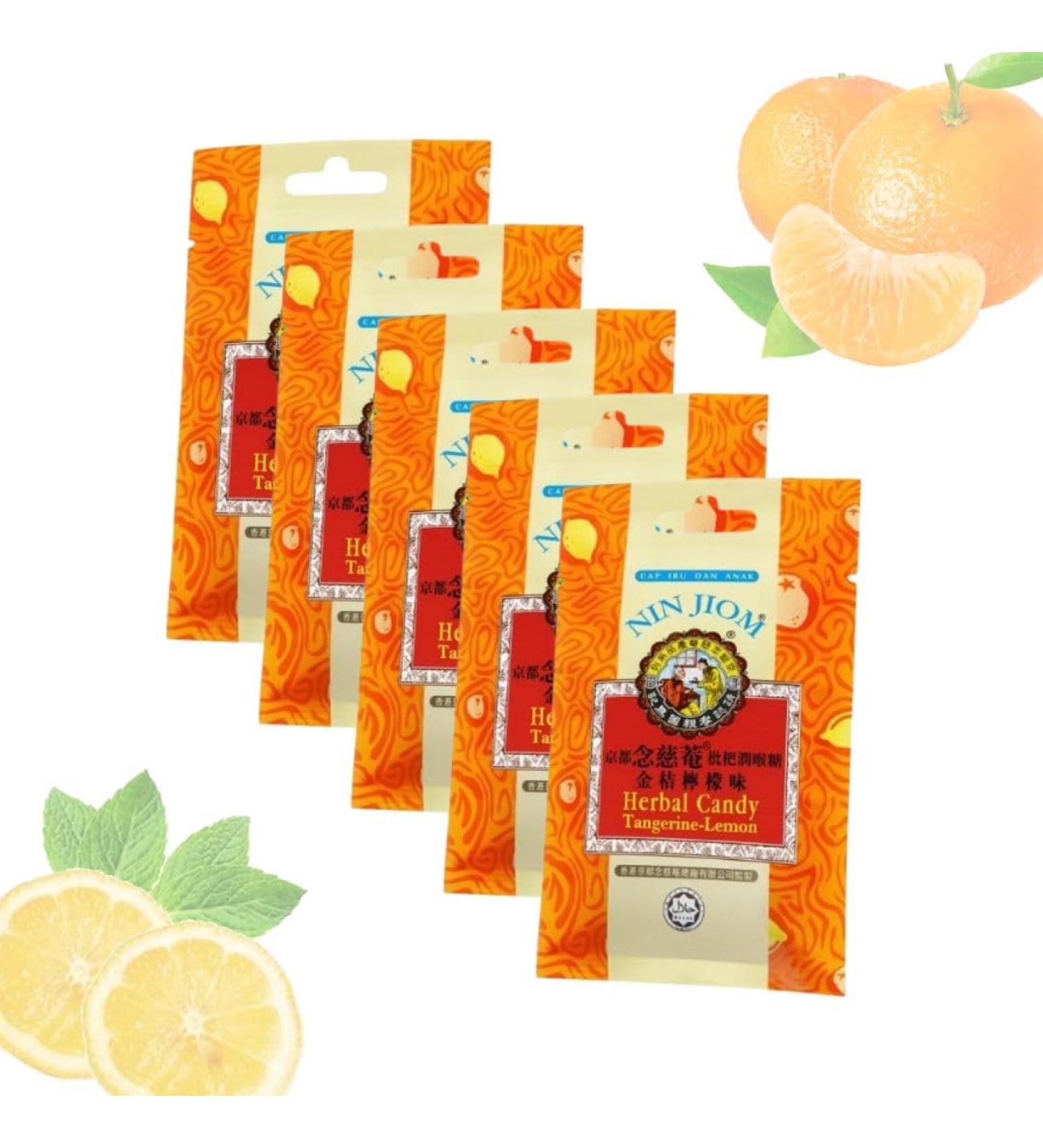 Herbal Candy Tangerine Lemon - Fresh Breath - Herbal Candy Nin Jiom Tangerine-Lemon - Pack of 5 x 20g Packs