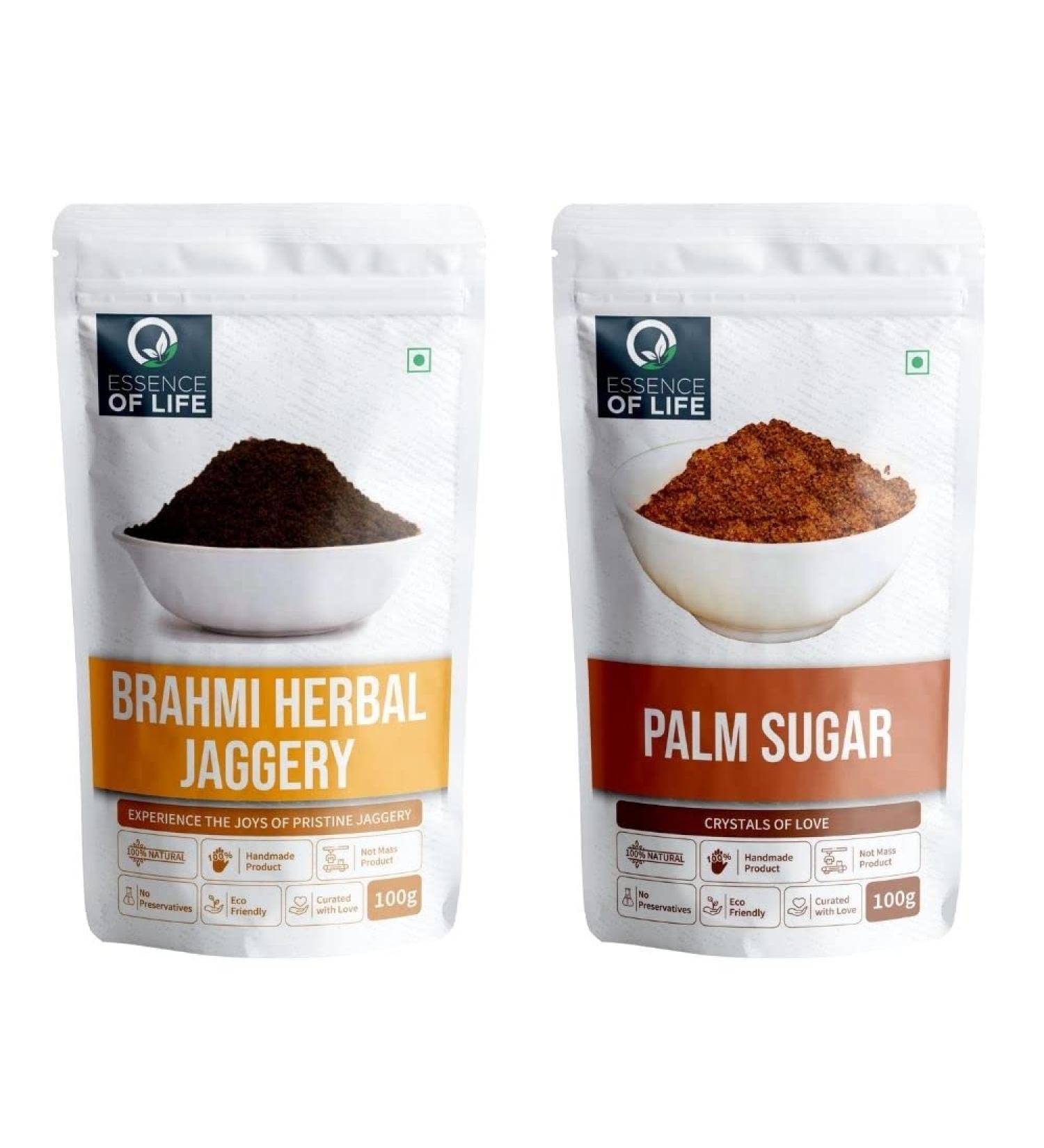 Essence of Life Herbal Jaggery with Brahmi 100 Grams & Palm Sugar 100 Grams Made with Natural Organic Ingredients - Buy Online on GoSupps.com
