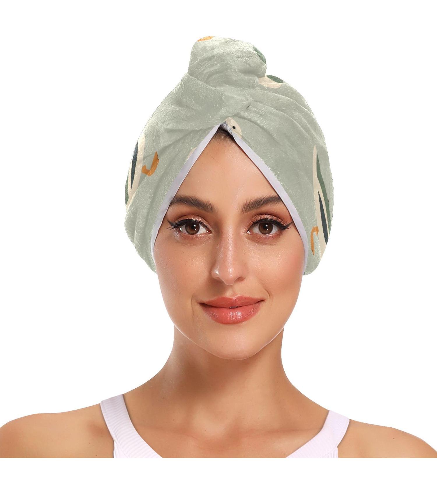 Super Absorbent Green White Goose Hair Towel 2 Pack - Quick Dry Hair Turbans with Button Twisty Wrap for Women & Girls - Ideal for Fast Hair Drying - Buy Online on GoSupps.com