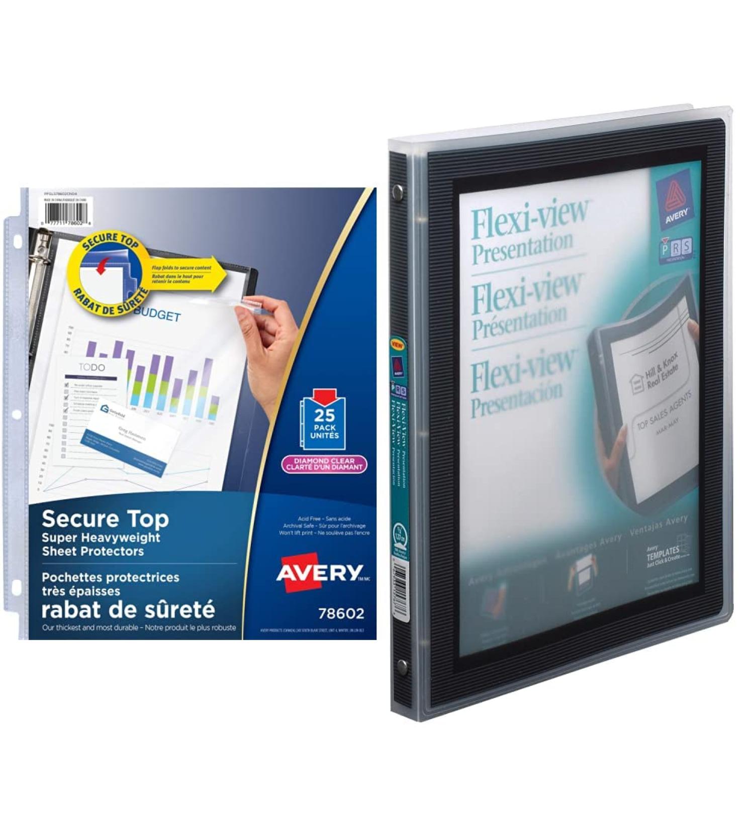 Avery Diamond Clear Secure Top Sheet Protectors (78602) + Avery Flexi-View 3 Ring Binder (15767)