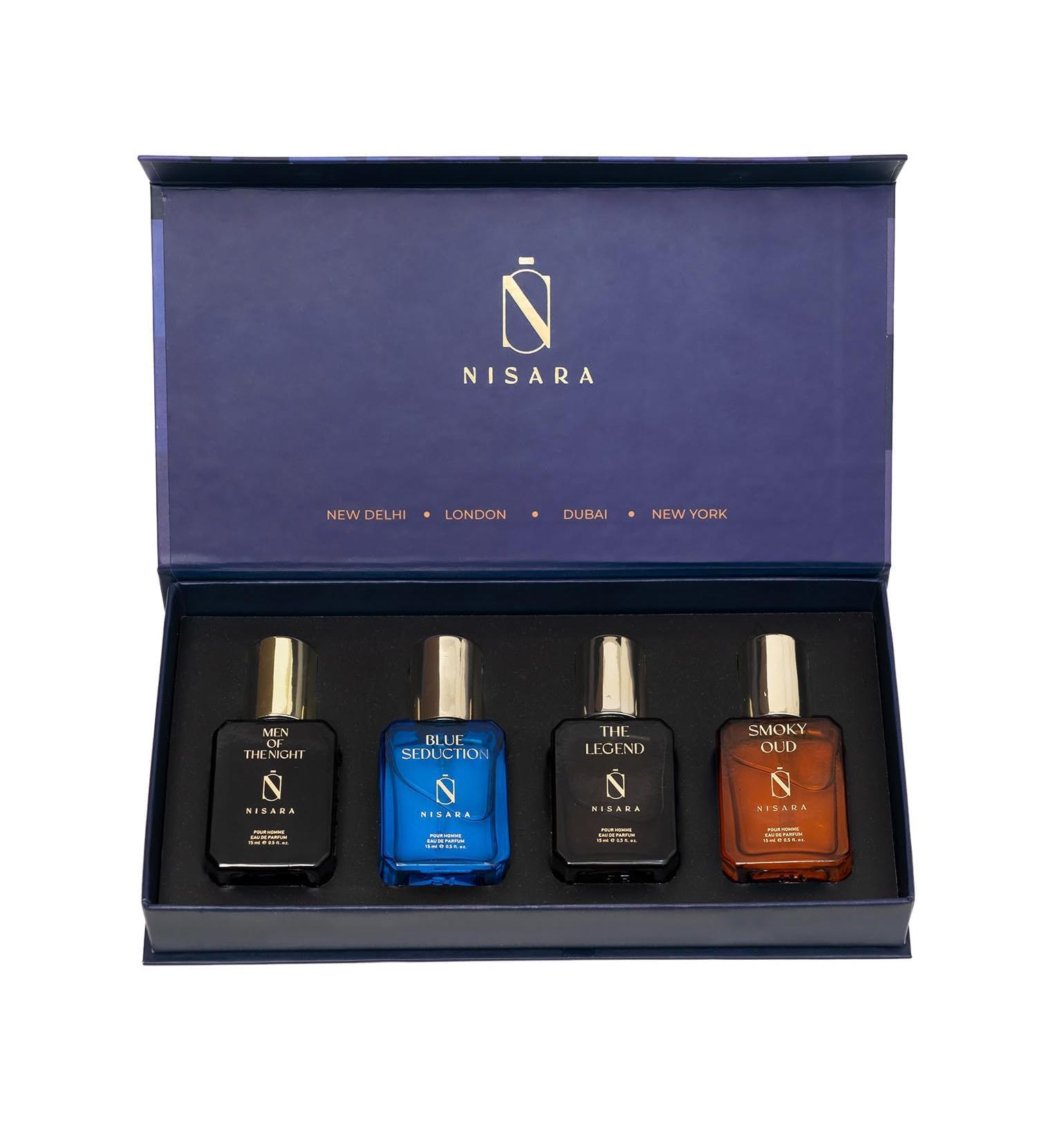 Nisara Long Lasting Men Perfume Gift Set 4x0.5 floz(2 floz) with | Men Of The Night | Blue Seduction | The Legend | Smoky Oud | Travel & Pocket-friendly kit | Valentine Gift For Everyone - Buy Online on GoSupps.com