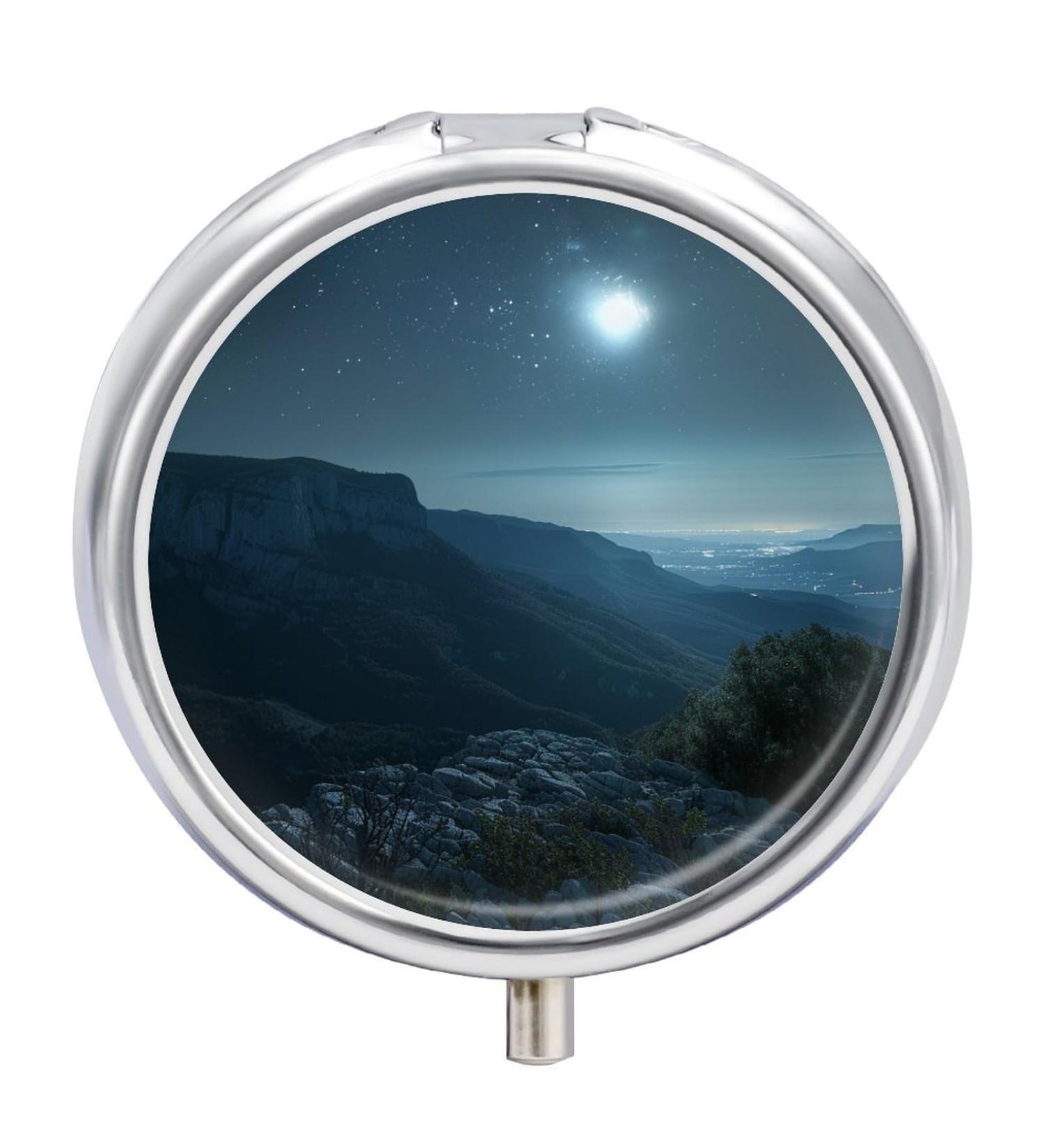 Small Travel Pill Case Round Metal Pill Box for Pocket Purse 3 Compartment Portable Pill Holder Mini Pill Organizer for Travel or Daily - Star Mountain at Night Star Mountain at Night 4 - Buy Online on GoSupps.com