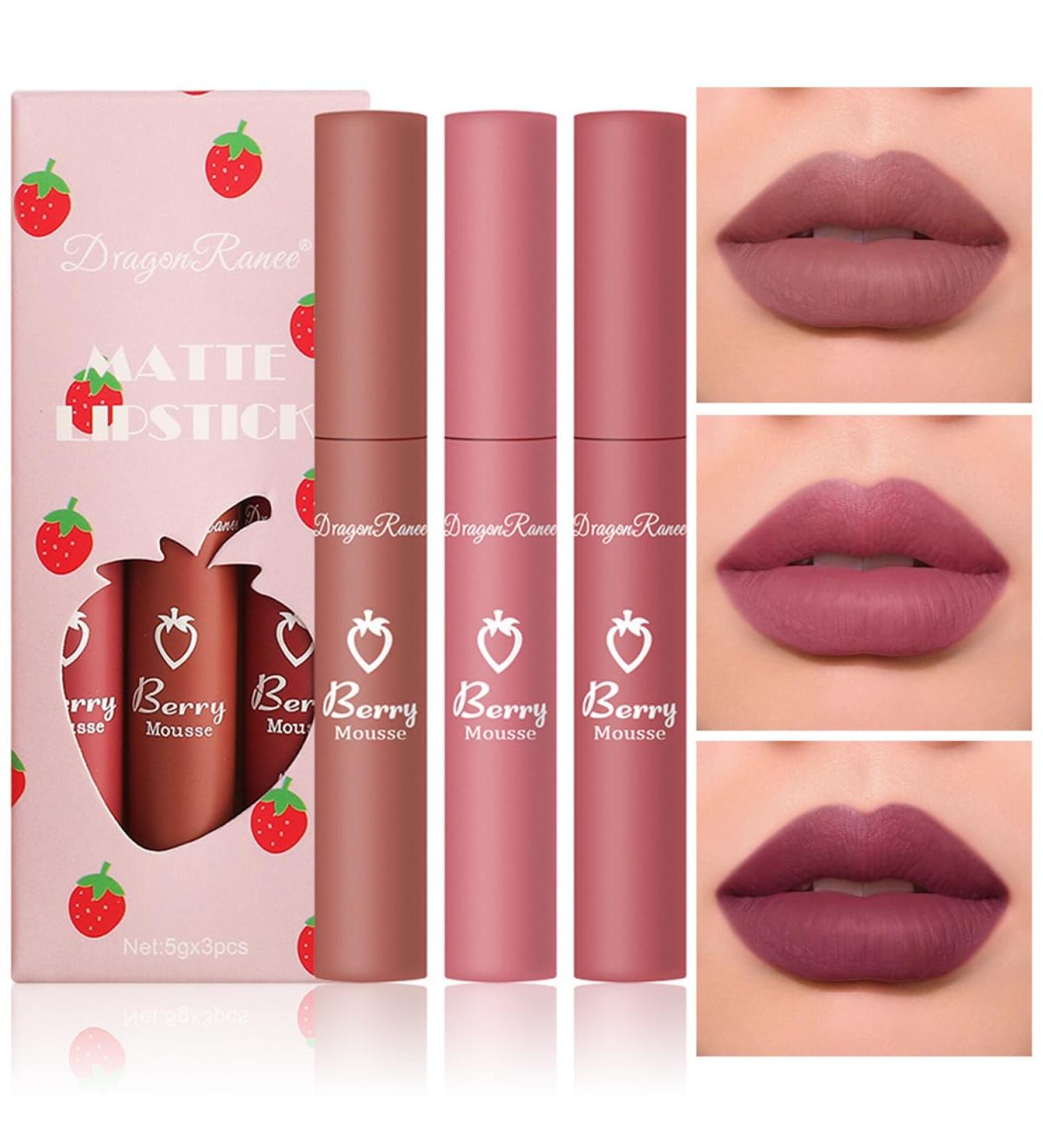 3Pcs Nude Matte Lipstick Set - Velvet Smooth Crayon Lip Stain & Long-Lasting Nourishing Lip Tint - Non-Stick Cup Lip Gloss for Women Makeup (Set D - Buy Online on GoSupps.com