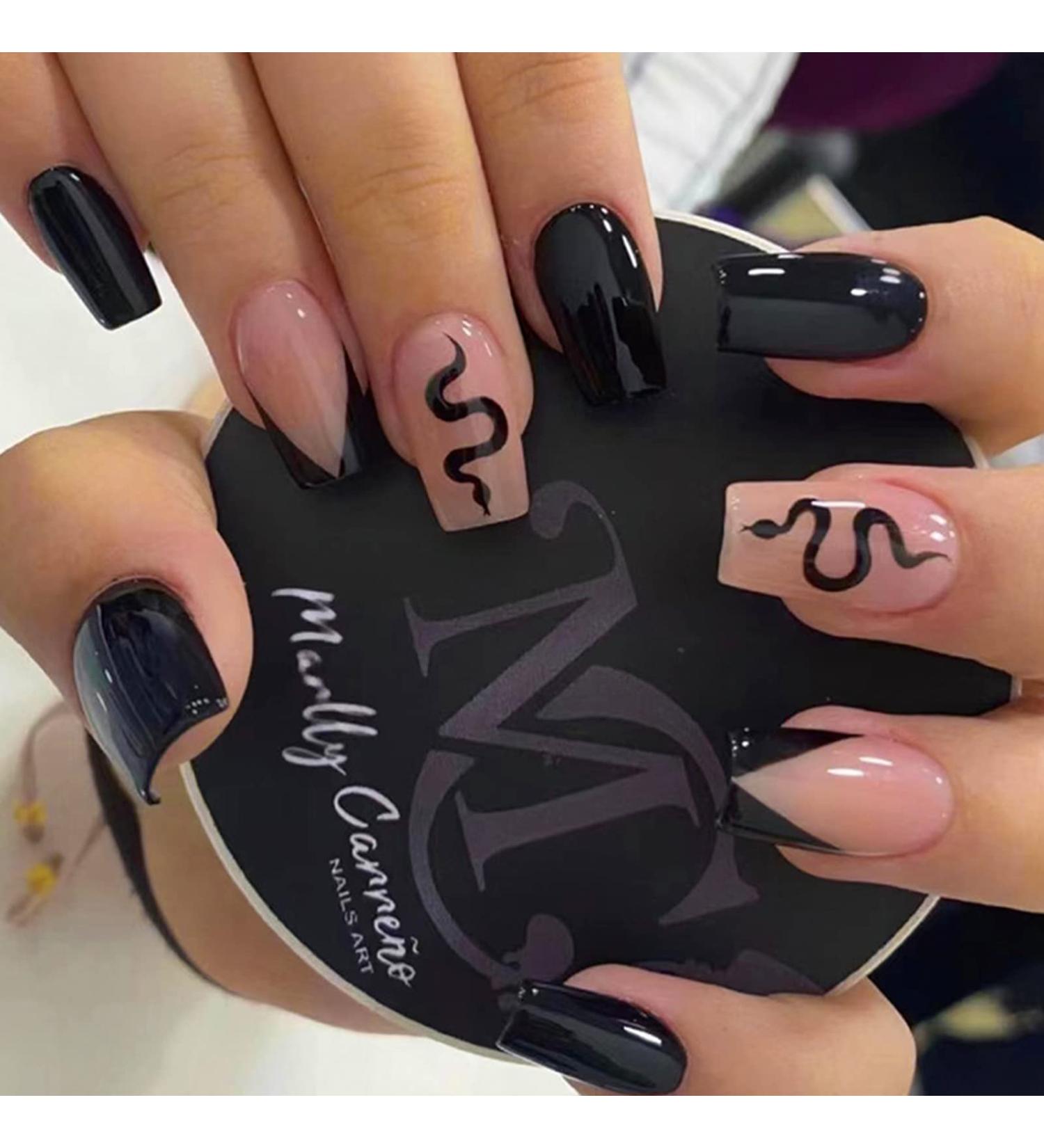24Pcs Black Snake Design Short Square Press on Nails - Glossy Stick on Daily Wear Fake Nails for Manicure & Nail Art - Style 8 - Buy Online on GoSupps.com