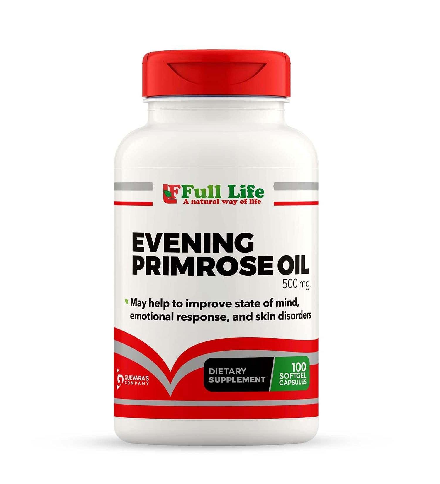 Full Life Evening Primrose Oil - Healthy Immune System - Supporting Vascular System - GLA for Skin - 100 Softgel Capsules Serving 100 Days 500mg.
