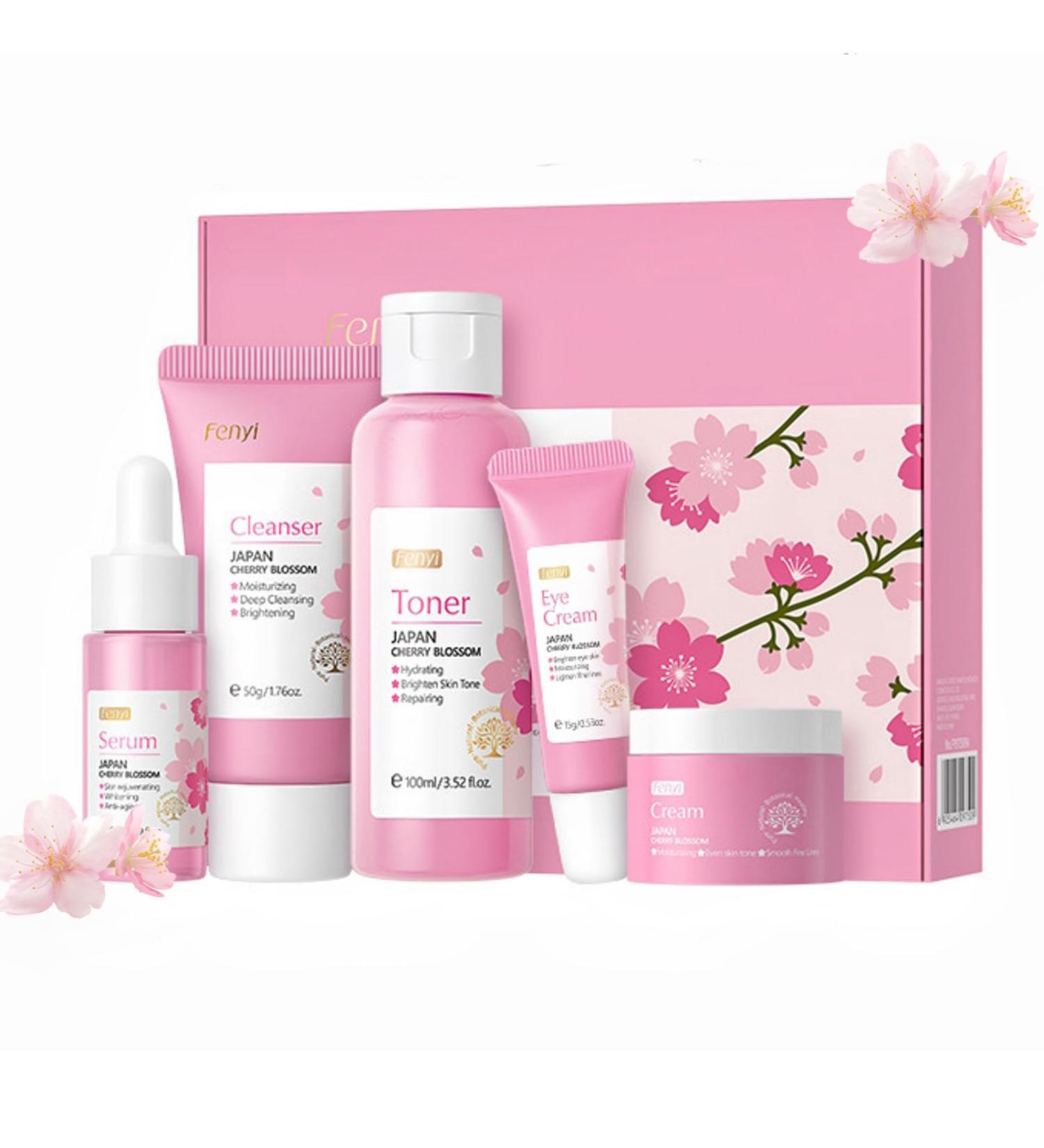 Cherry Blossom Skin Care Set for Teen Girls - Deeply Hydrates - Reduces Fine Lines - Includes Cleanser Toner Serum Essence Eye Cream Moisturizer - Buy Online on GoSupps.com