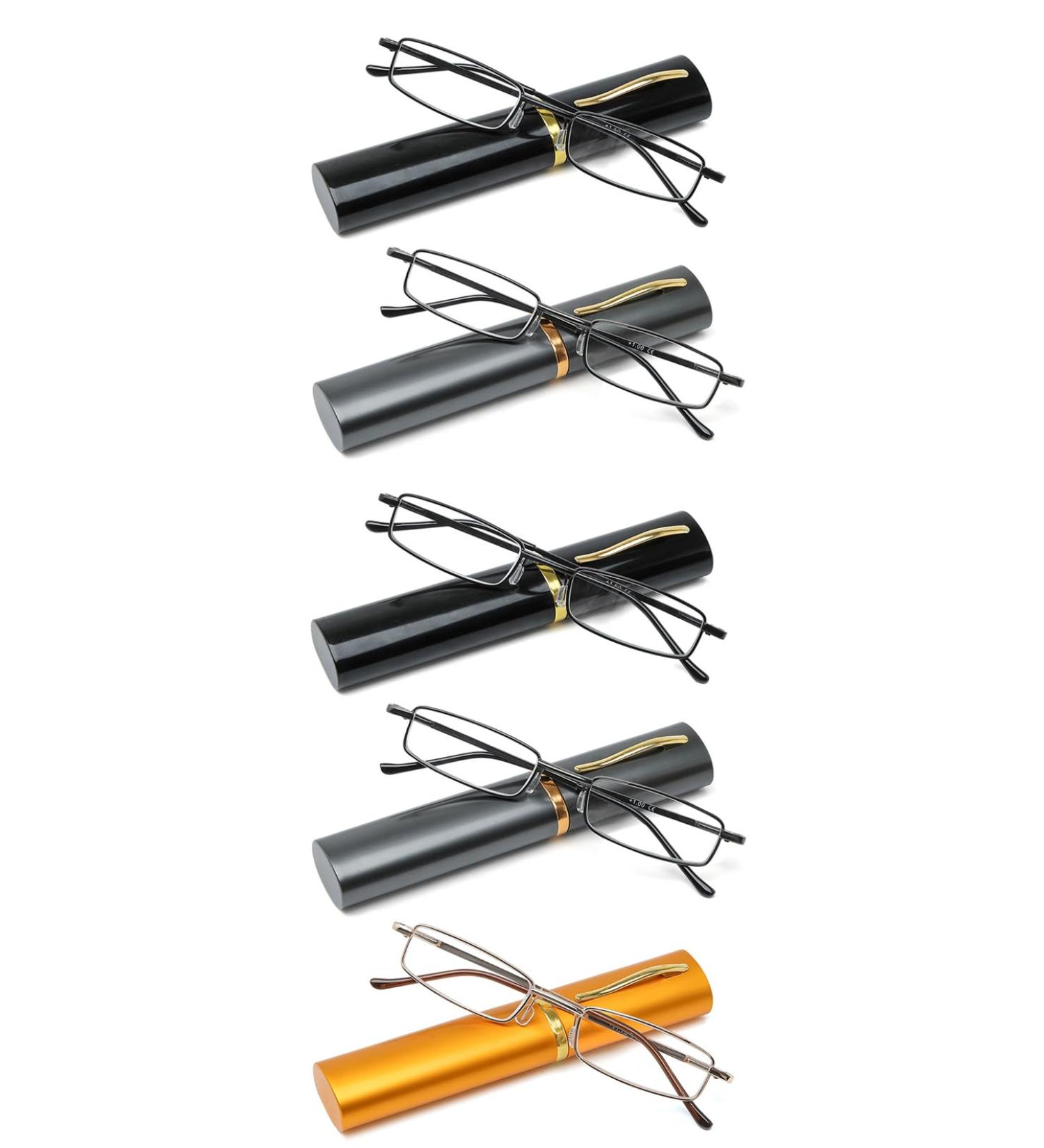 Compact Slim Pocket Reading Glasses for Women - Blue Light Blocking with Metal Case & Clip - Gunmetal Black Gold - 2.75 Magnification - Buy Online on GoSupps.com