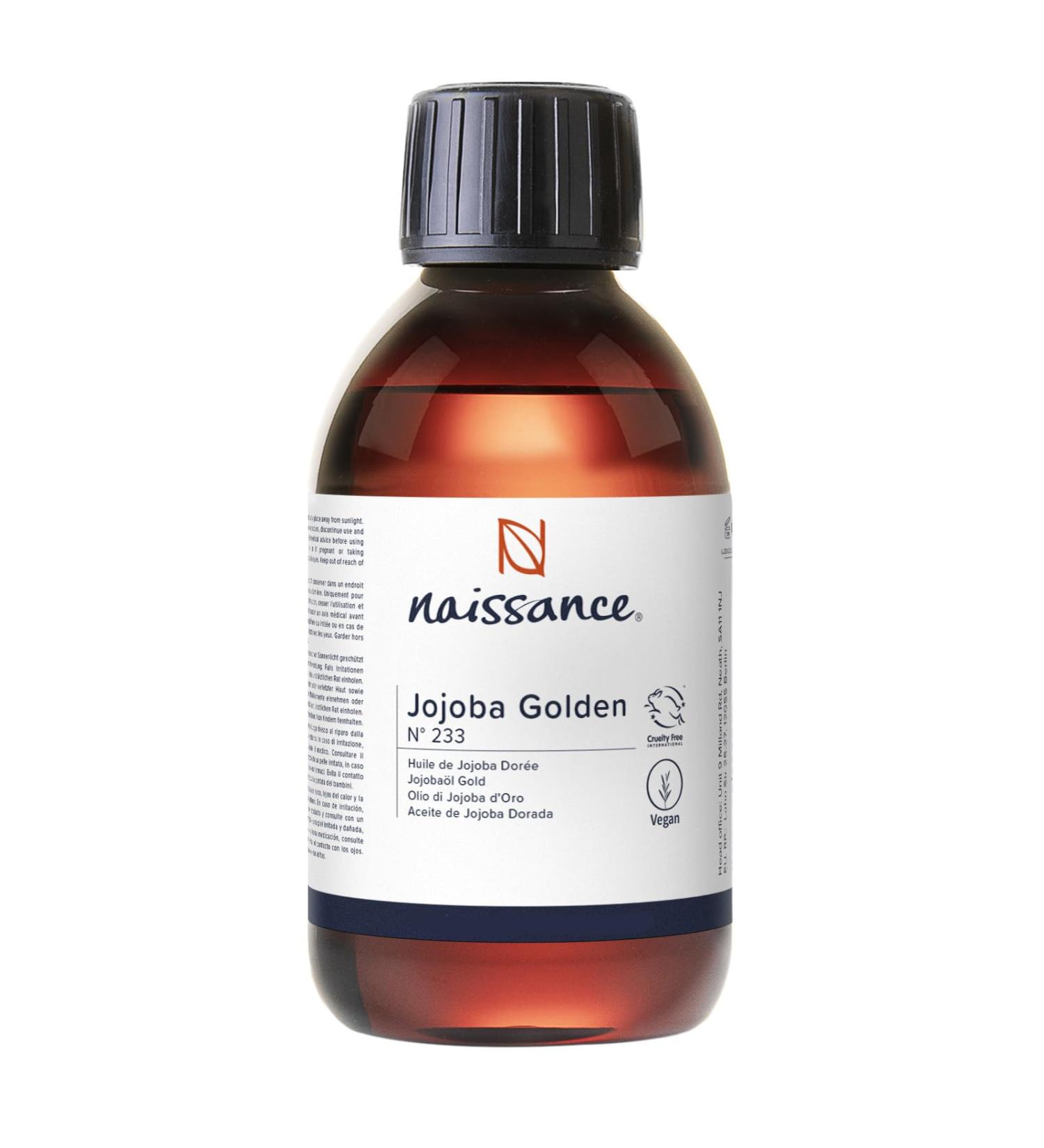 Naissance Golden Jojoba Oil (No. 233) - 225ml - Cold Pressed Unrefined - for Skin Face Beard Nails Hair Body Scalp - DIY Beauty Candles - Buy Online on GoSupps.com