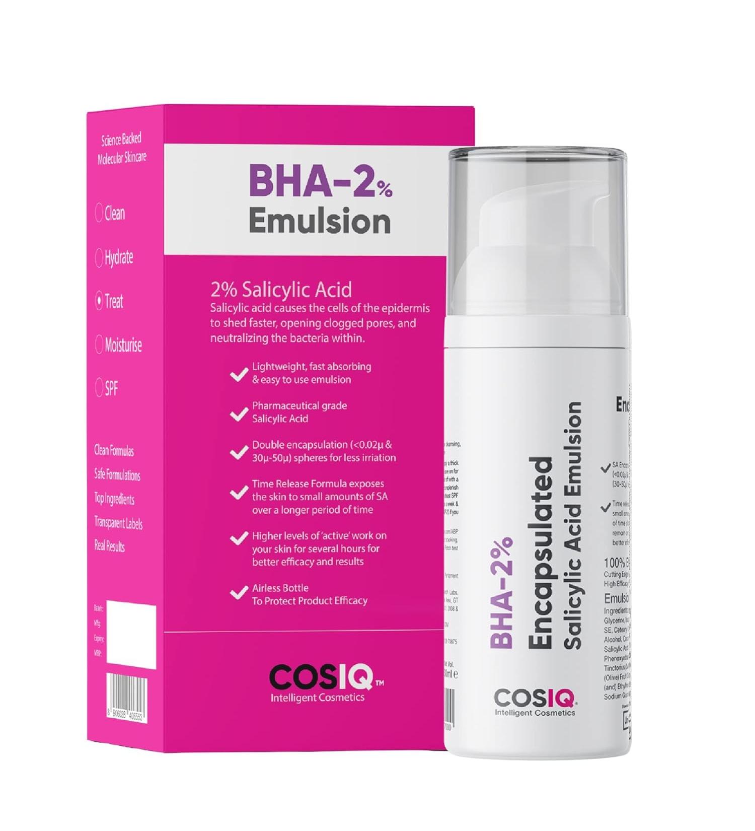 Cos- IQ BHA-2% Encapsulated Salicylic Acid Emulsion Face Serum for Sensitive Skin | Face Exfoliator for Blackheads Whiteheads Acne & Open Pores | Reduces Breakouts | For Women & Men | 30ml - Buy Online on GoSupps.com
