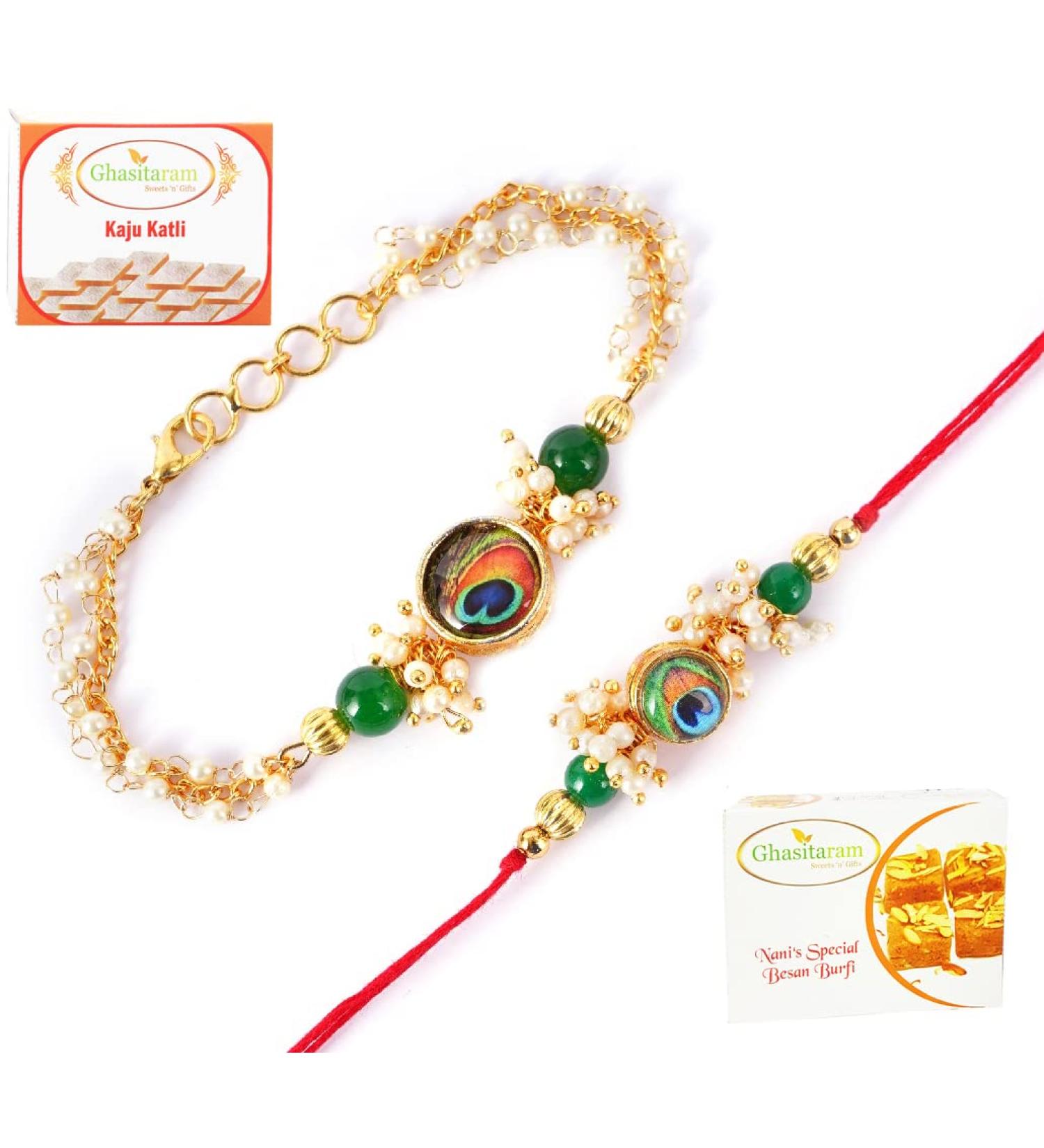 Ghasitaram Gifts Rakhis Online - Rakhi for Brother-RT-M-Pankh Bhaiya Bhabhi Rakhi with 200 GMS of Besan Barfi and 200 GMS of Kaju Katli Rakhi Set with 200 gms of Besan Barfi & Kaju Katli - Buy Online on GoSupps.com