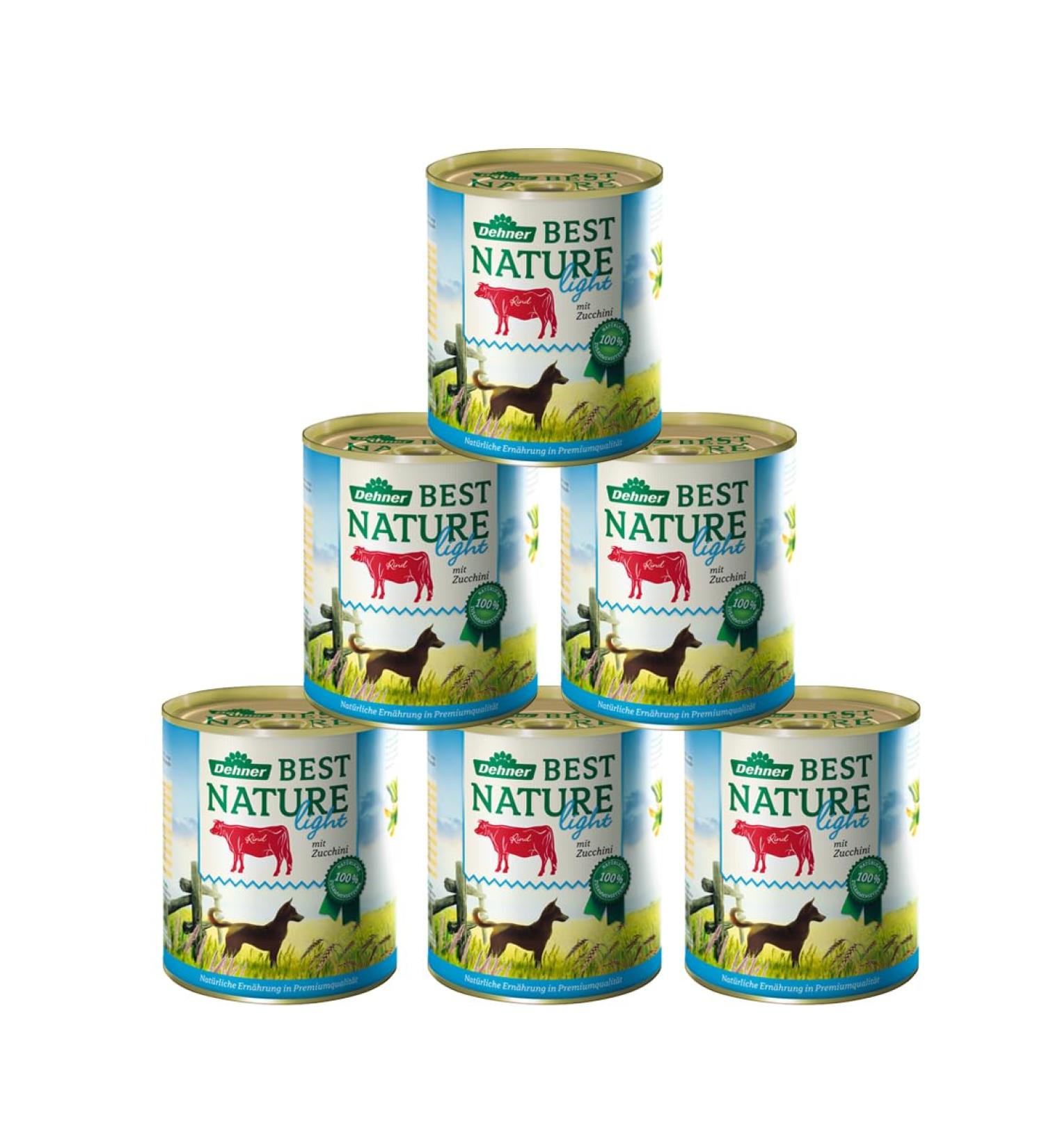 Dehner Best Nature Dog Food Light - Reduced Wet Food for Overweight Dogs | Beef & Zucchini | 6 x 800g Cans (4.8kg) - Buy Online on GoSupps.com